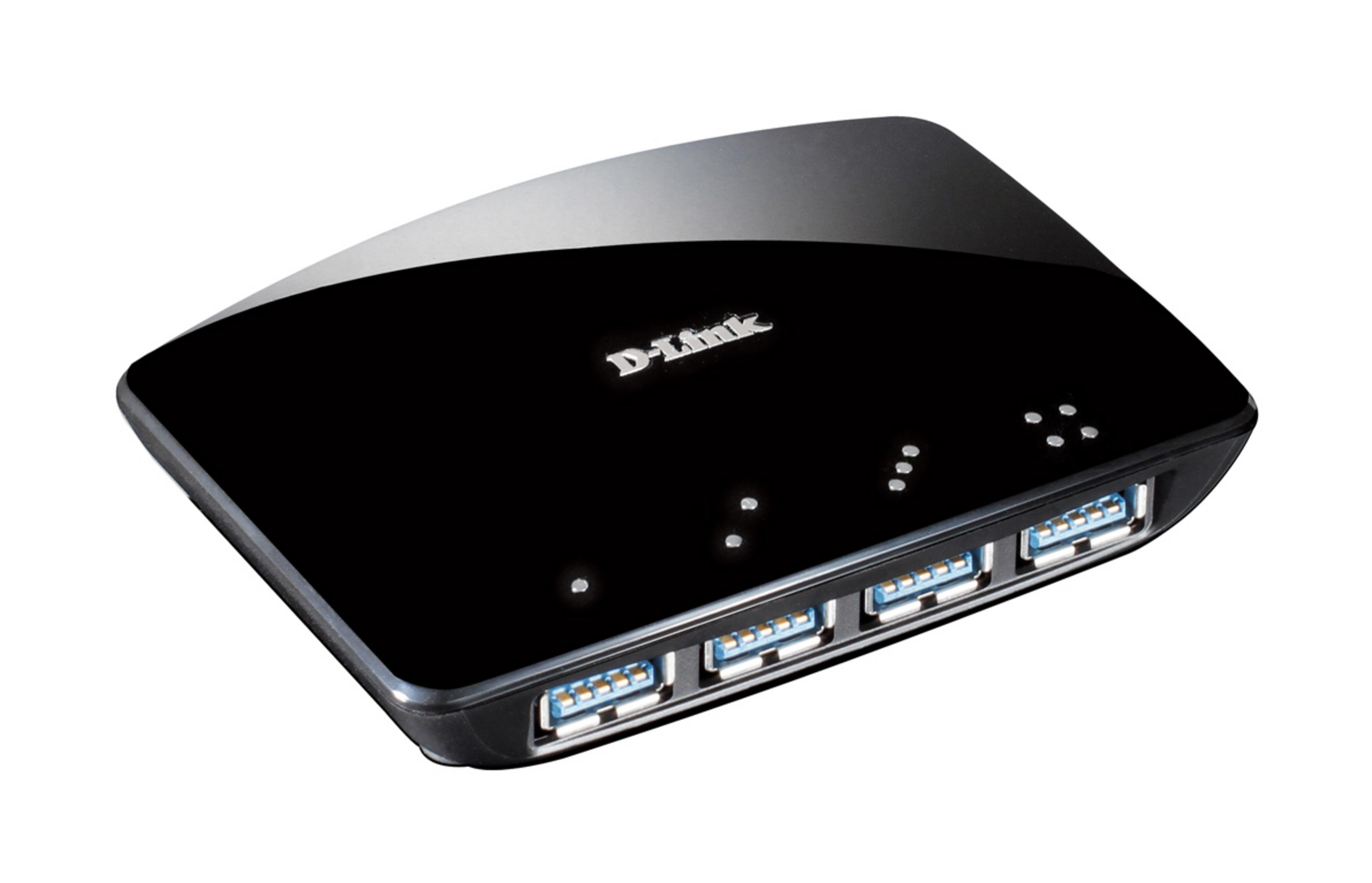 Zwarte D-Link USB-hub. Vier USB-poorten. Witte achtergrond.