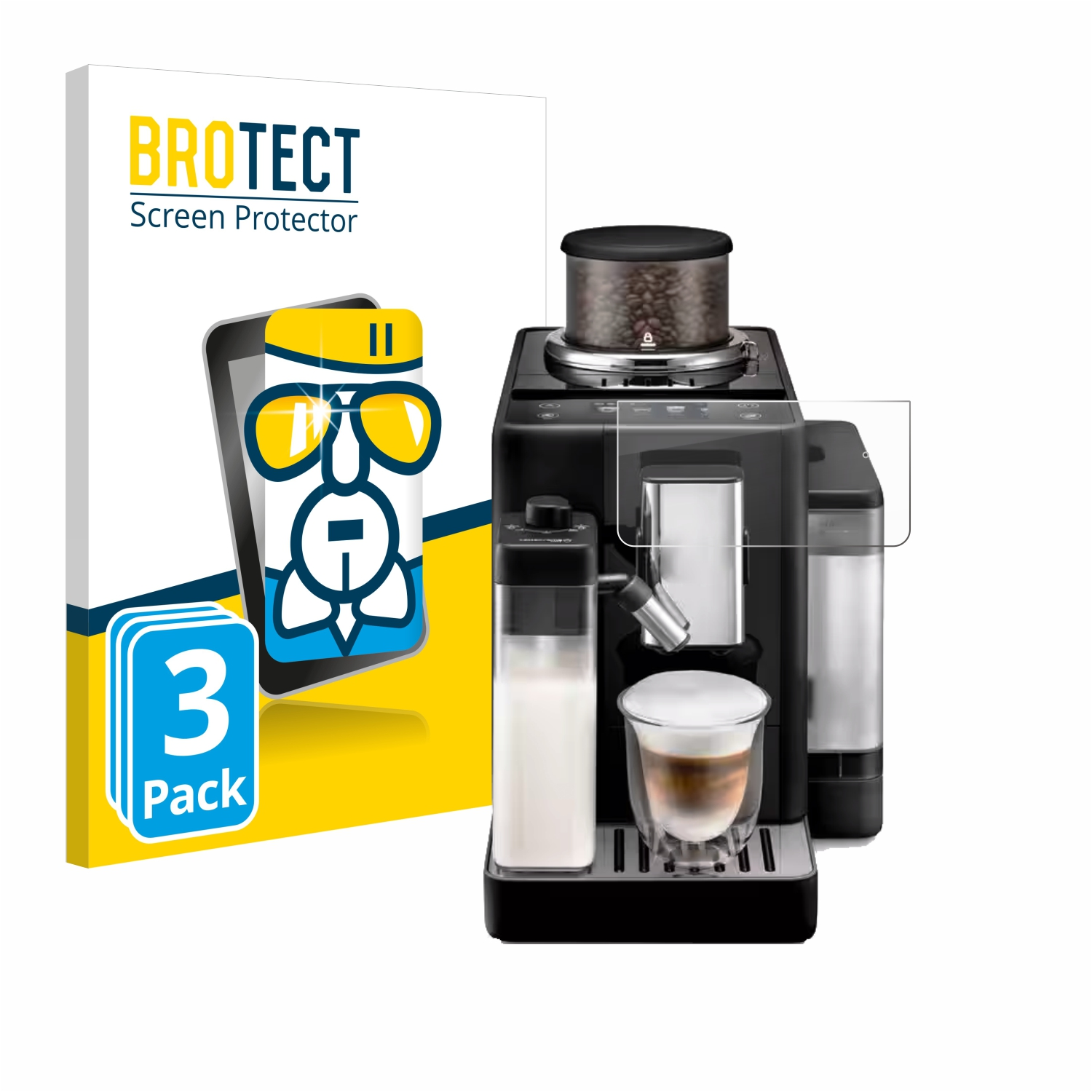 Eine Kaffeemaschine mit Displayschutz. Der Displayschutz ist klar. Auf der Schachtel steht Brotect.