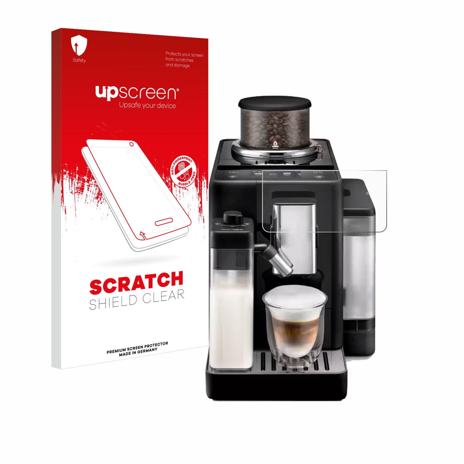 Eine schwarze Kaffeemaschine mit Displayschutzfolie und eine Box mit Text.
