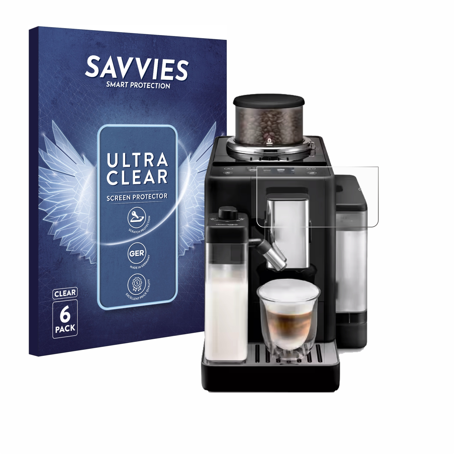 Eine Espressomaschine mit Displayschutz und Verpackung. Die Verpackung zeigt die Marke und die Funktionen.