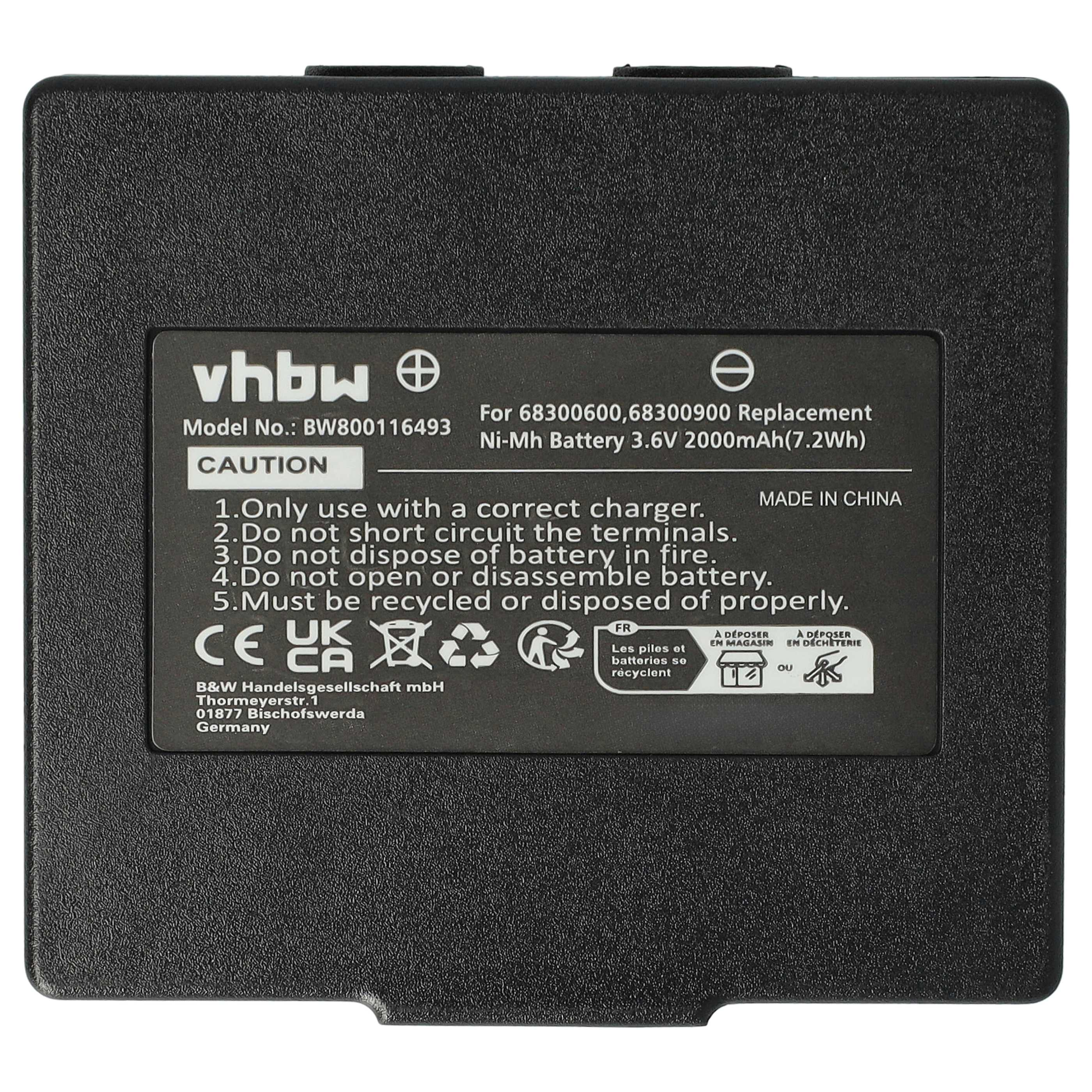 Eine schwarze Batterie mit Text und Warnungen. Der Text ist für 68300600,68300900 Ersatzbatterie.