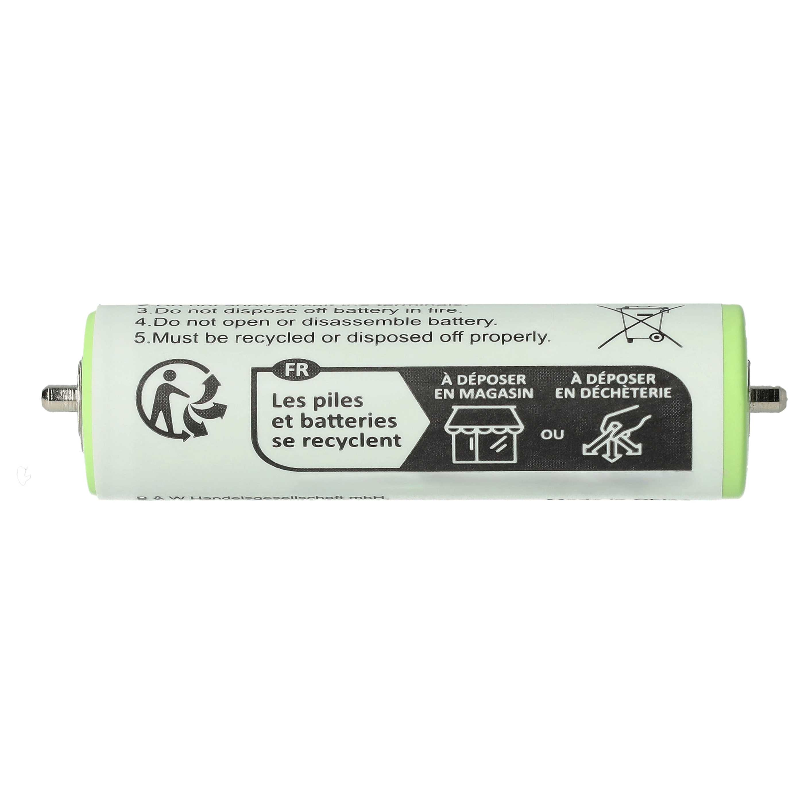 Eine grüne Batterie mit Text und Recycling-Symbolen. Die Batterie hat ein metallisches Ende.