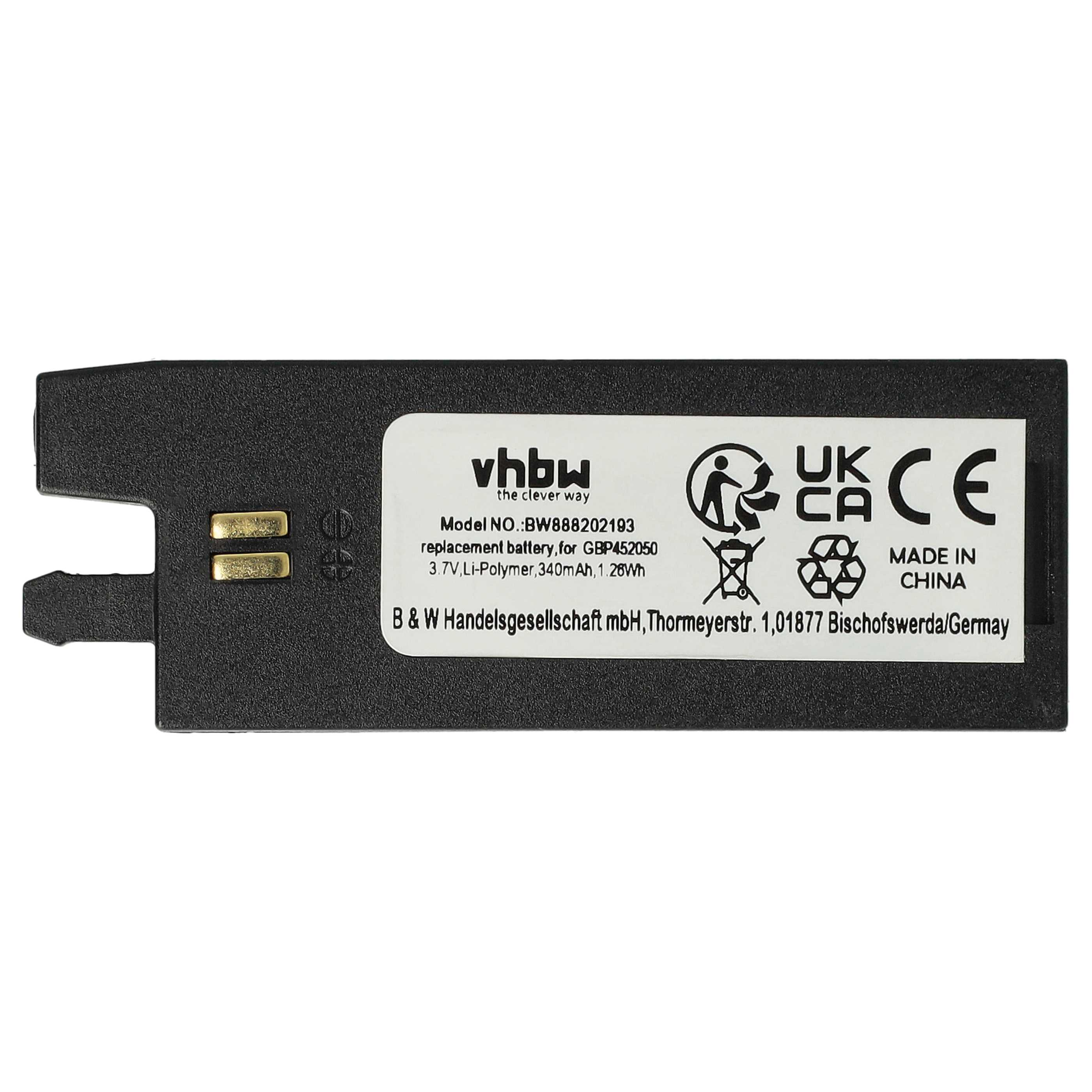 Eine schwarze rechteckige Batterie mit Text, einschließlich 'vbhw' und '3,7 V Li-Polymer, 340 mAh'. Sie hat zwei goldene Kontakte.