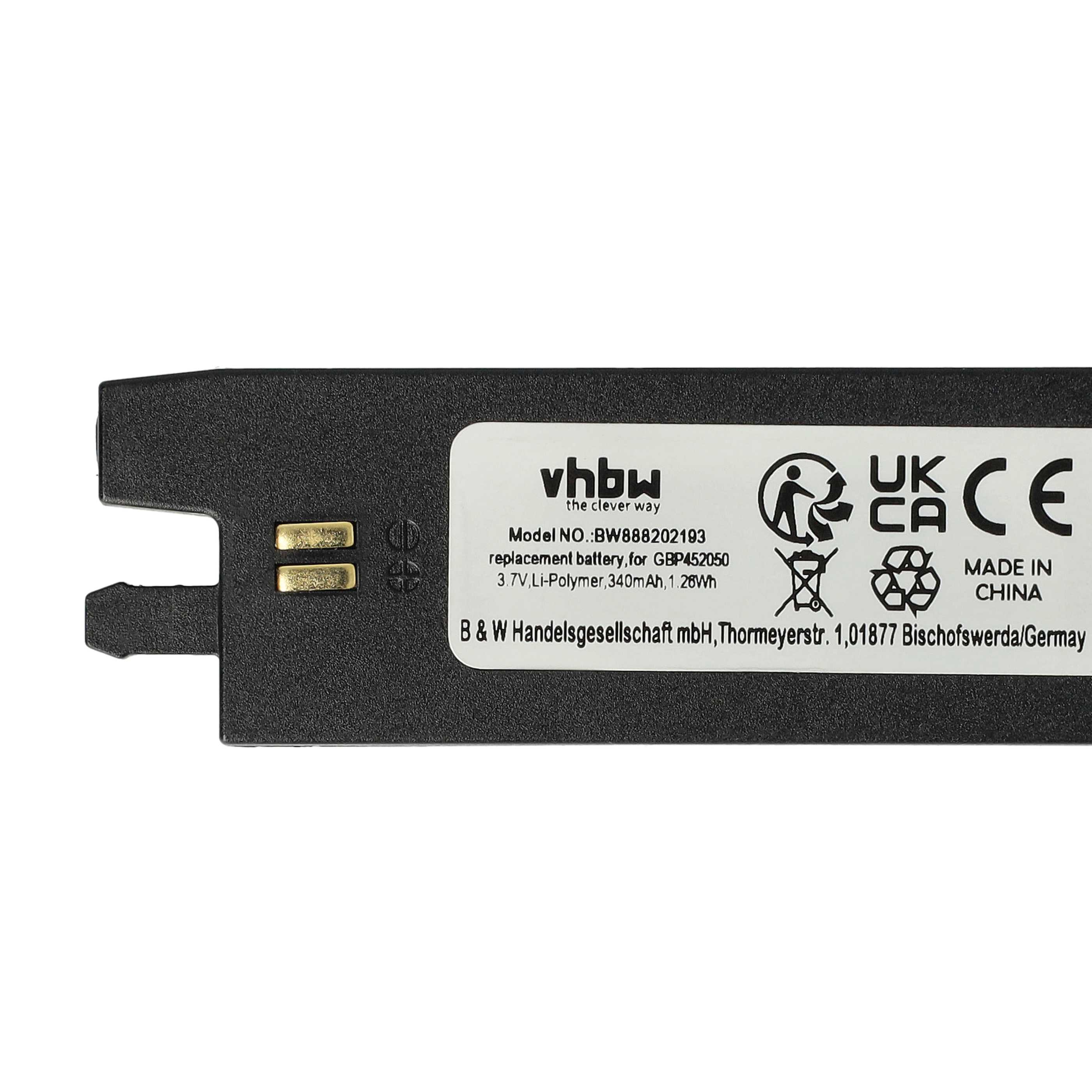 Schwarzer Akku mit Text.  Sagt 'Made in China' und '3.7V Li-Polymer 340mAh'.  Auch ein Recycling-Symbol.