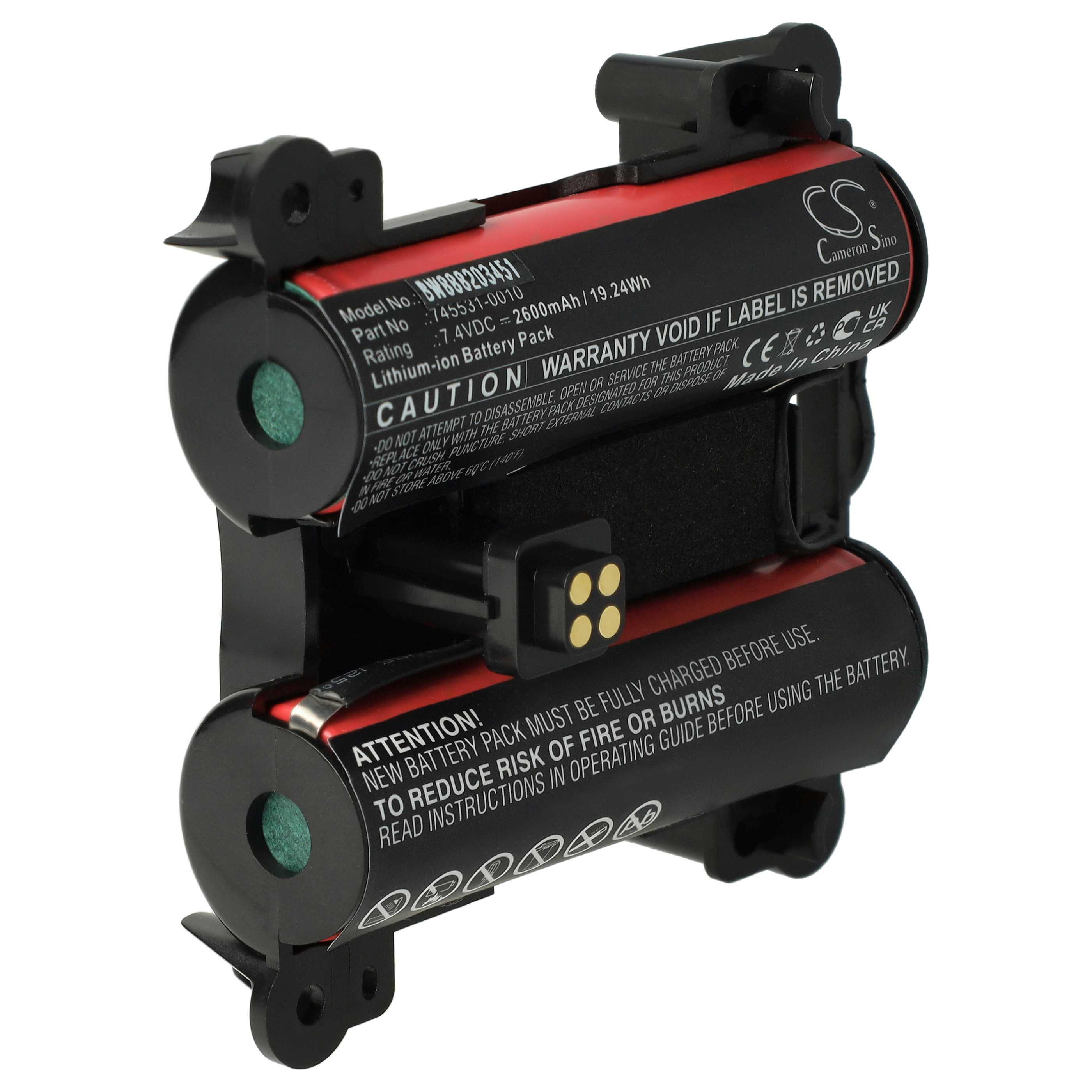 Zwei schwarze Lithium-Ionen-Akkus in einem Akkupack mit Warnhinweisen.