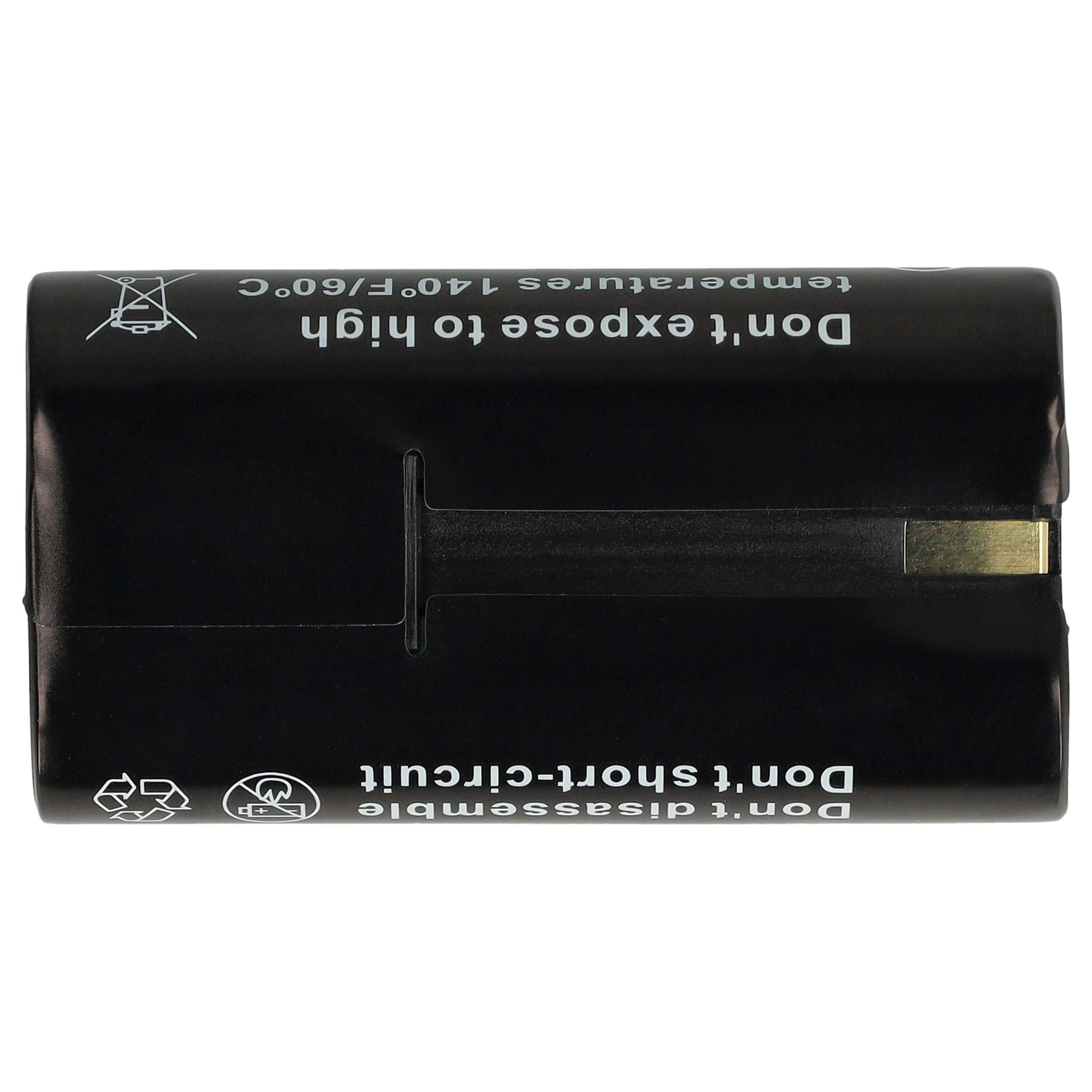 Eine schwarze Batterie mit Warnhinweisen und Text.