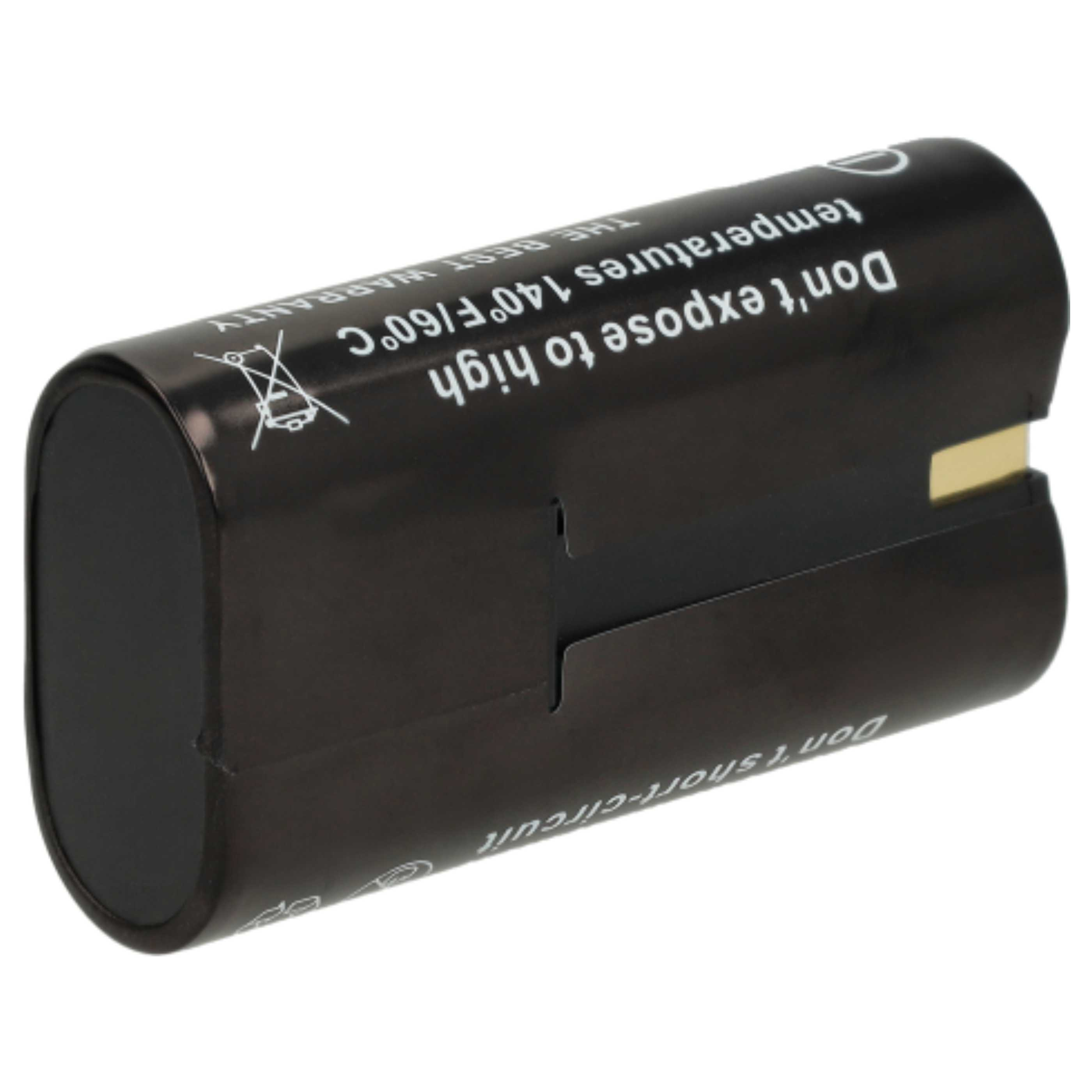 Schwarze zylindrische Batterie mit Warnhinweis: Nicht hohen Temperaturen aussetzen, nicht kurzschließen.