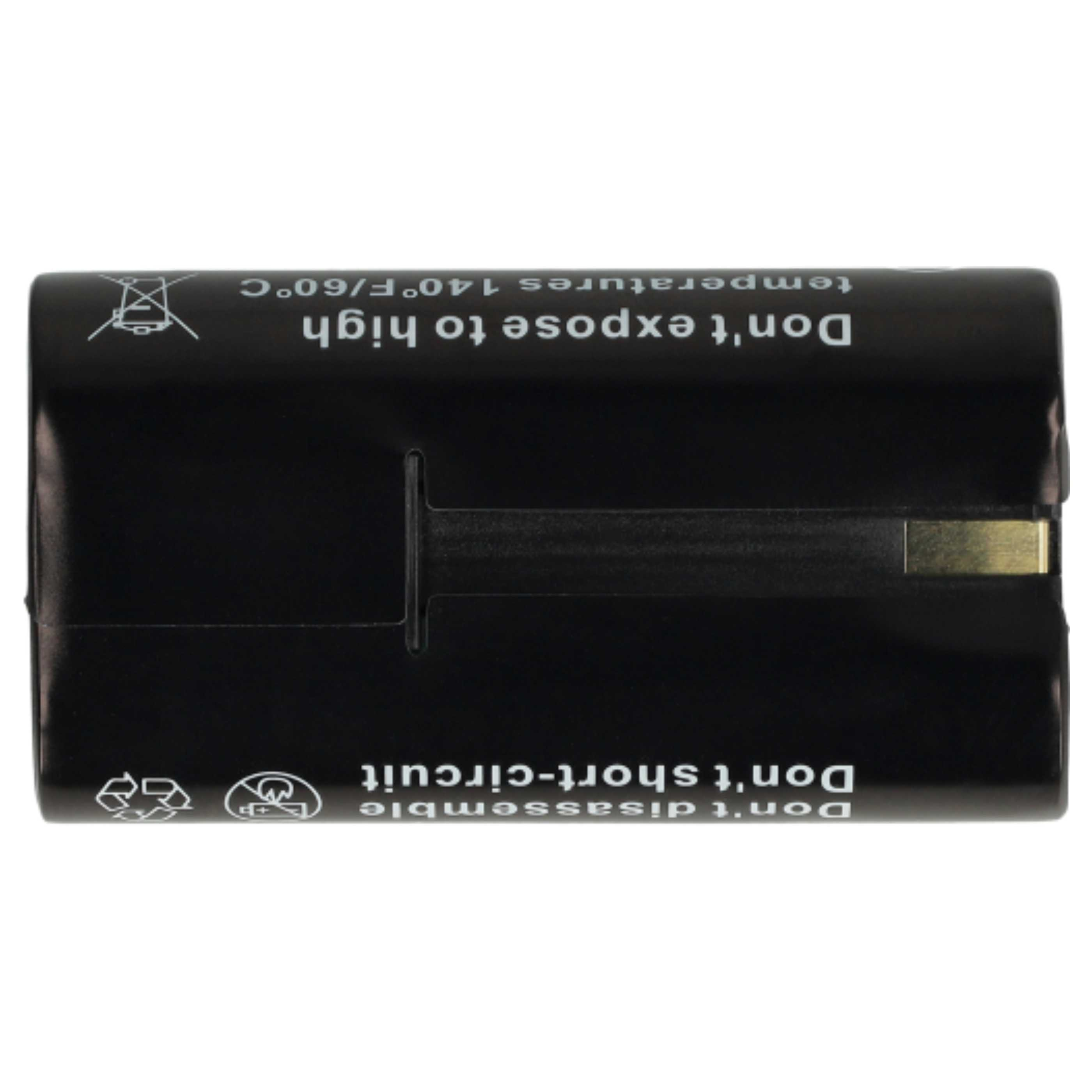 Eine schwarze Batterie mit Warnhinweisen, einschließlich 'Nicht zerlegen'.