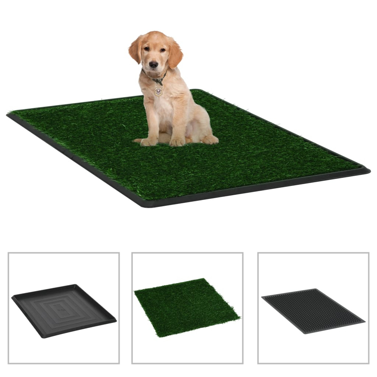 Ein Welpe auf einer grünen Kunstrasenmatte mit einem schwarzen Tablett. Zusätzliche Tabletts und Gras werden unten gezeigt.