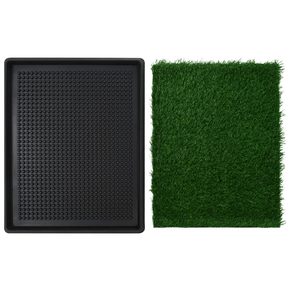 Ein schwarzes Tablett mit gepunkteter Oberfläche neben einem Quadrat aus künstlichem Gras.