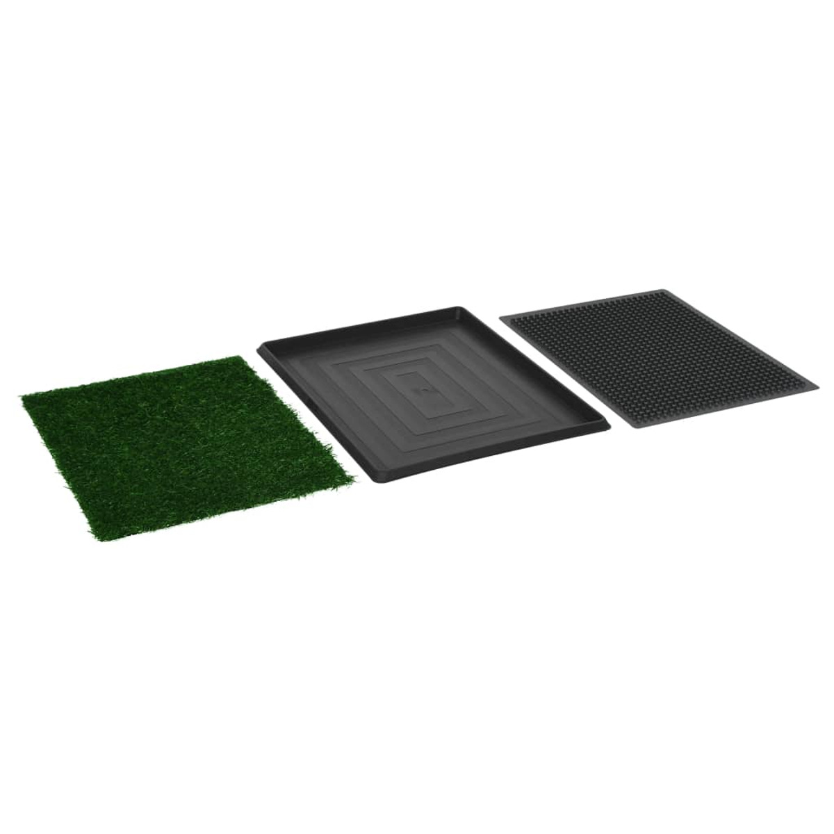 Drei Matten: grüner Kunstrasen, schwarze Schale und schwarze Gummimatte mit Noppen auf weißem Hintergrund.