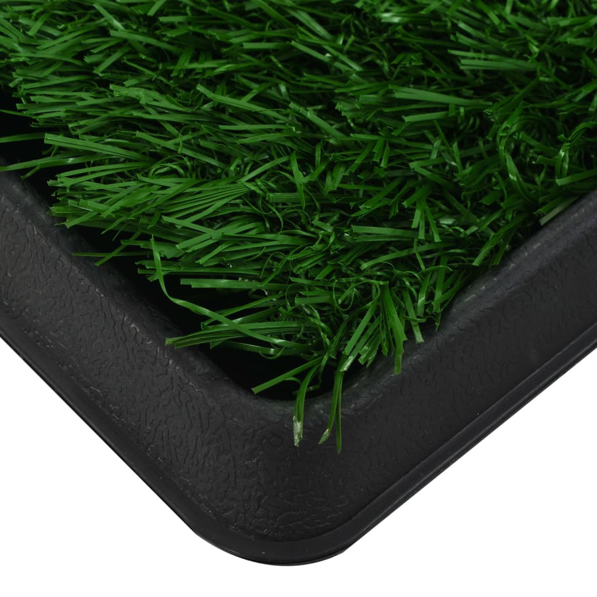 Schwarze Plastikwanne gefüllt mit künstlichem, grünem Gras, ideal für Haustiere.
