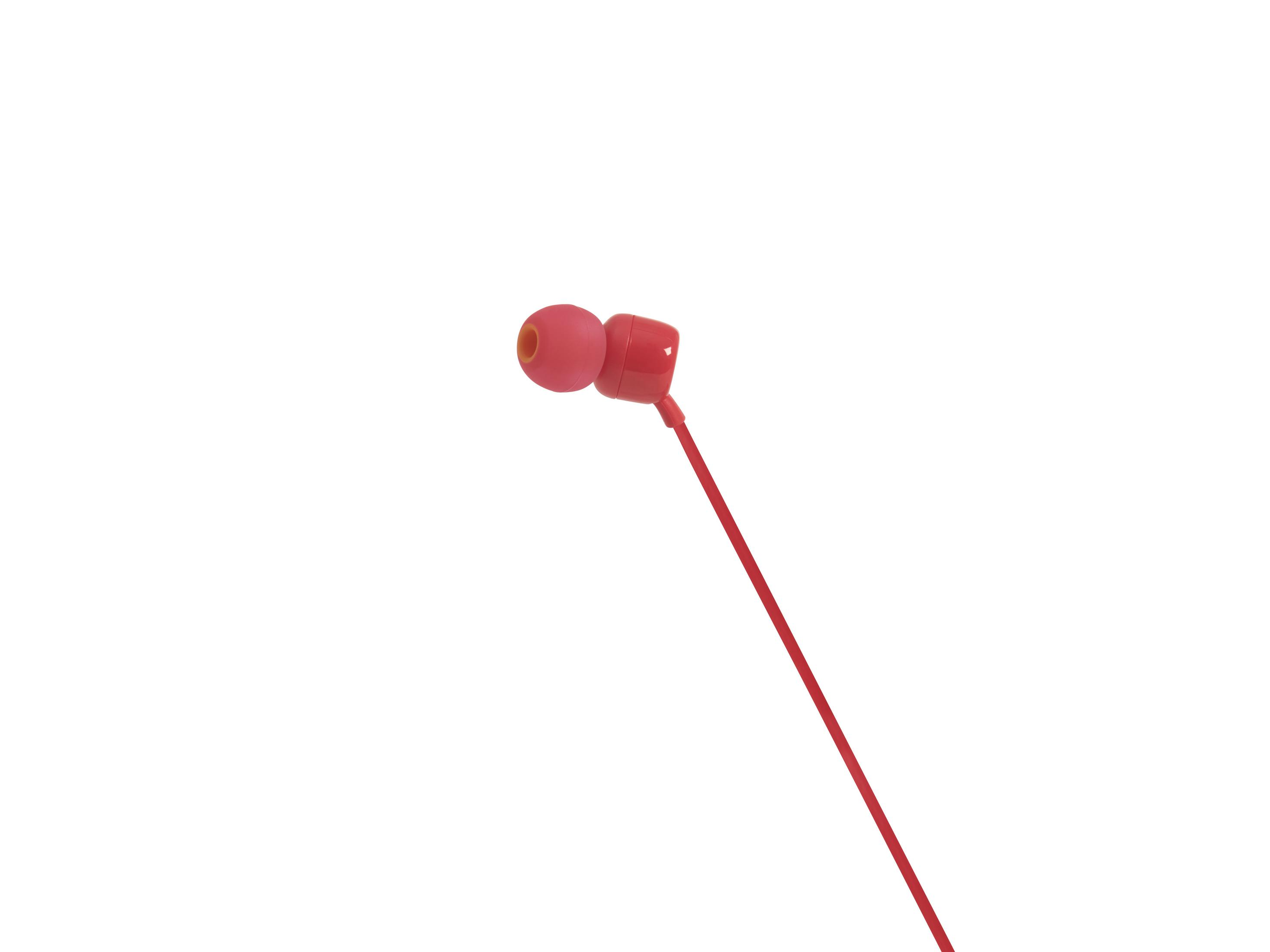 Pojedyncza para czerwonych słuchawek z czerwonym przewodem rozciągającym się w dół, na białym tle.