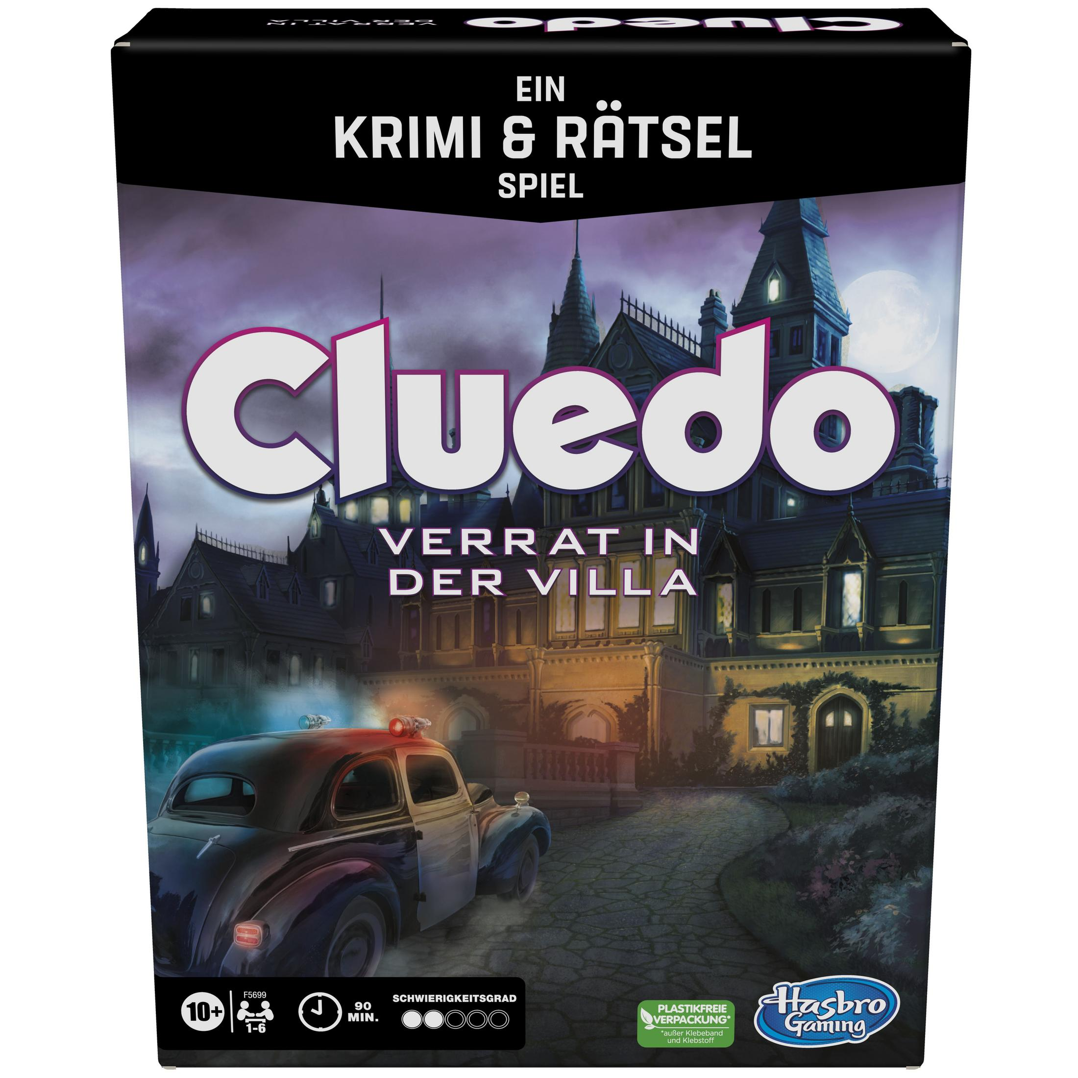 Die Cluedo-Spielbox. Es hat ein Hausbild mit einem Auto und Text: Cluedo, Verat in der Villa.