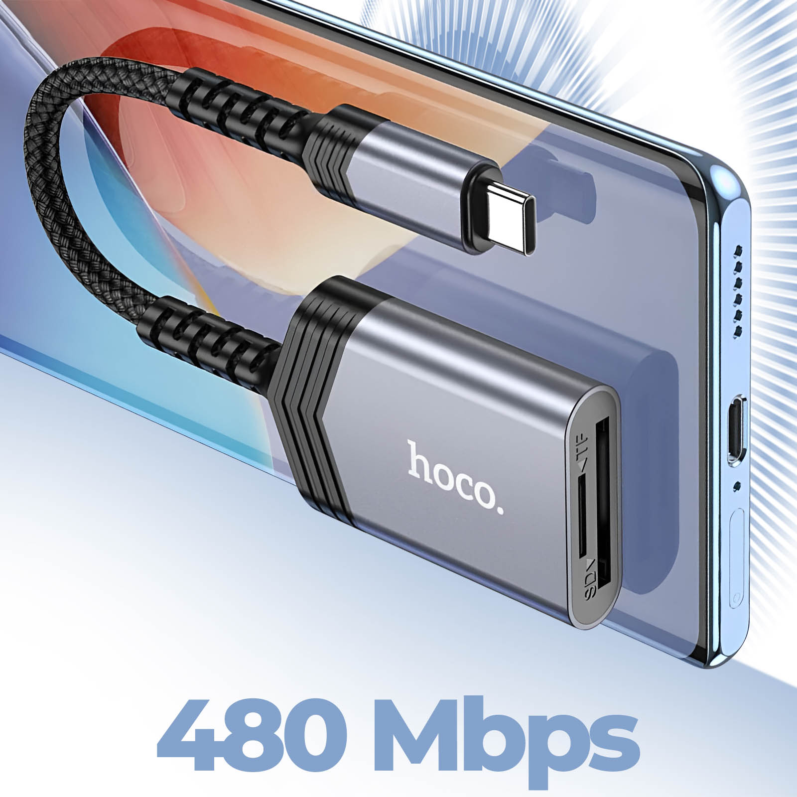 Adattatore grigio collegato a un telefono con un cavo nero. Sfondo bianco. Testo: 480 Mbps.