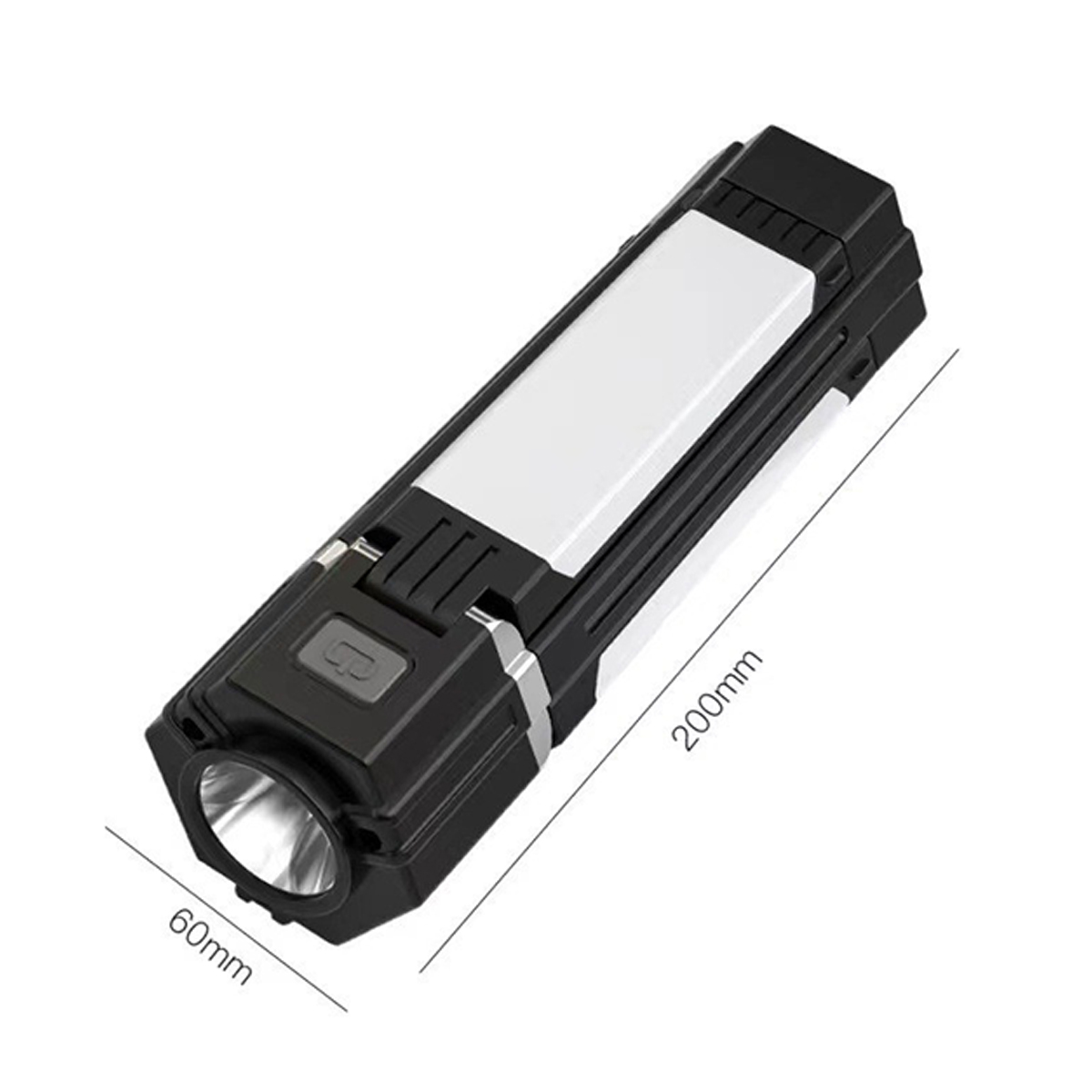 Schwarz-weiße Taschenlampe mit weißem Lichtpaneel, Abmessungen 200x60mm, vor weißem Hintergrund.