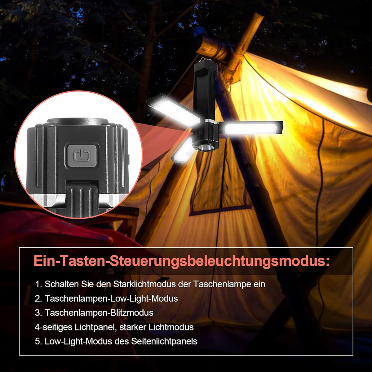 Schwarzes LED-Licht mit Klapppaneelen und Text auf Deutsch.