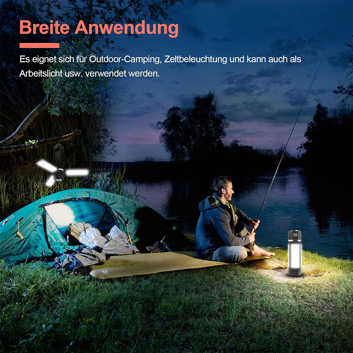 Ein Mann angelt in der Nähe eines Zeltes, einem Licht und einer Lampe mit drei Lichtern.
