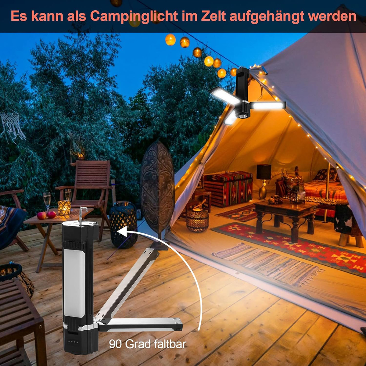 Eine Campinglampe mit Zelt im Hintergrund und Tisch mit Gegenständen.