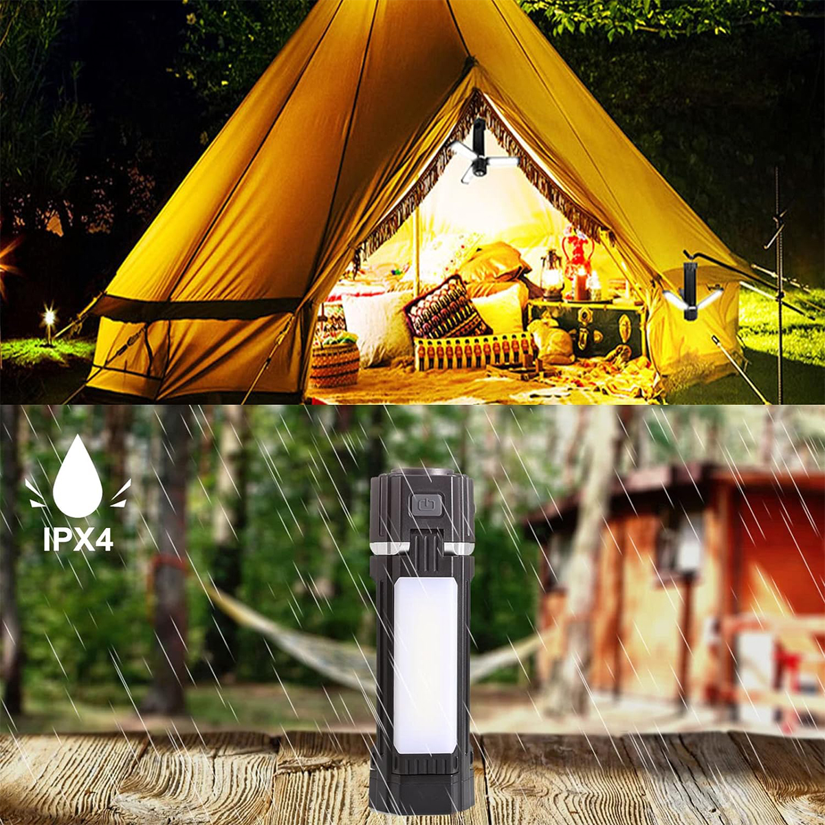 Campingszene, Zelt mit Licht im Inneren. Eine Taschenlampe steht im Regen. Es ist wasserdicht IPX4.
