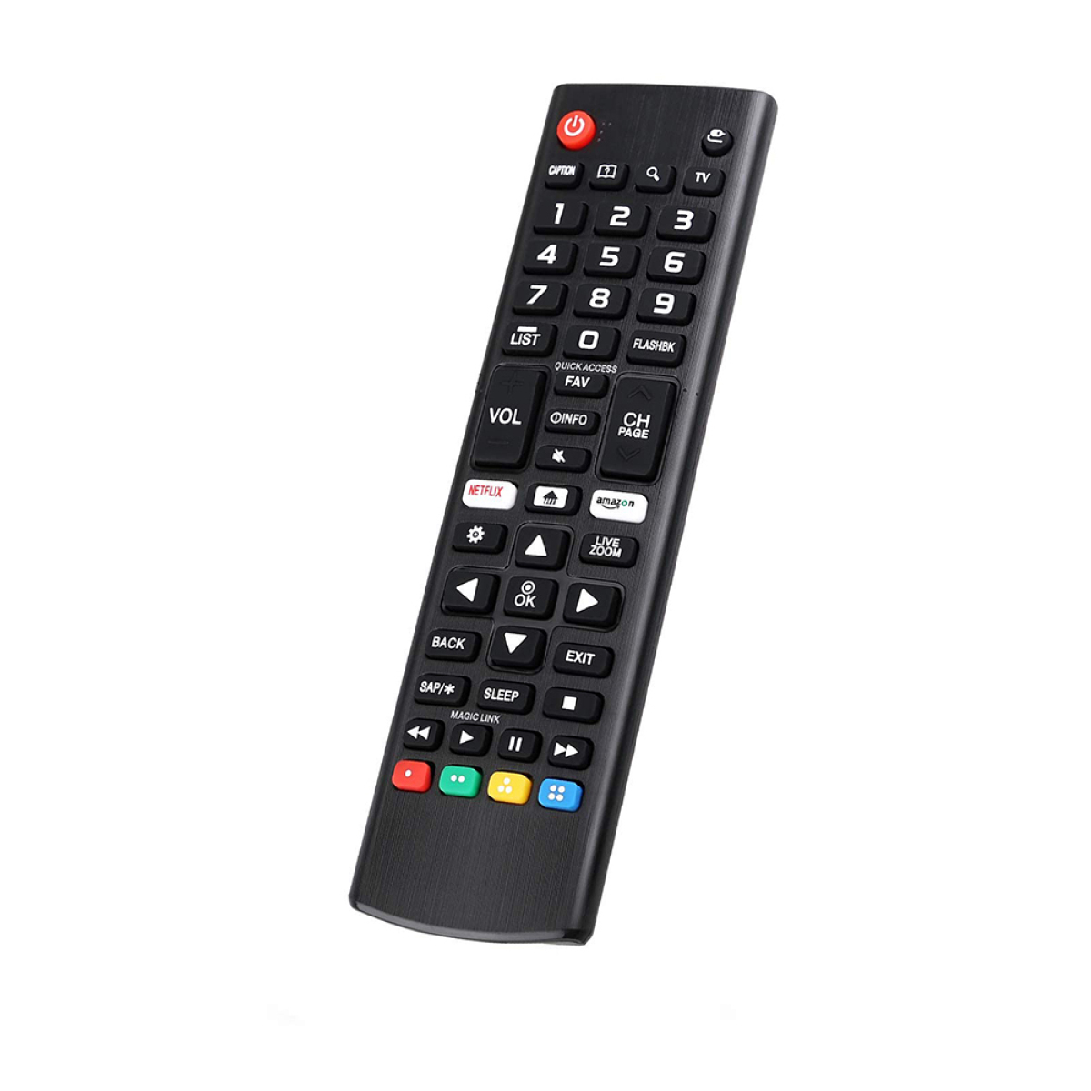 Schwarze TV-Fernbedienung mit vielen Knöpfen. Die Fernbedienung befindet sich auf weißem Hintergrund.