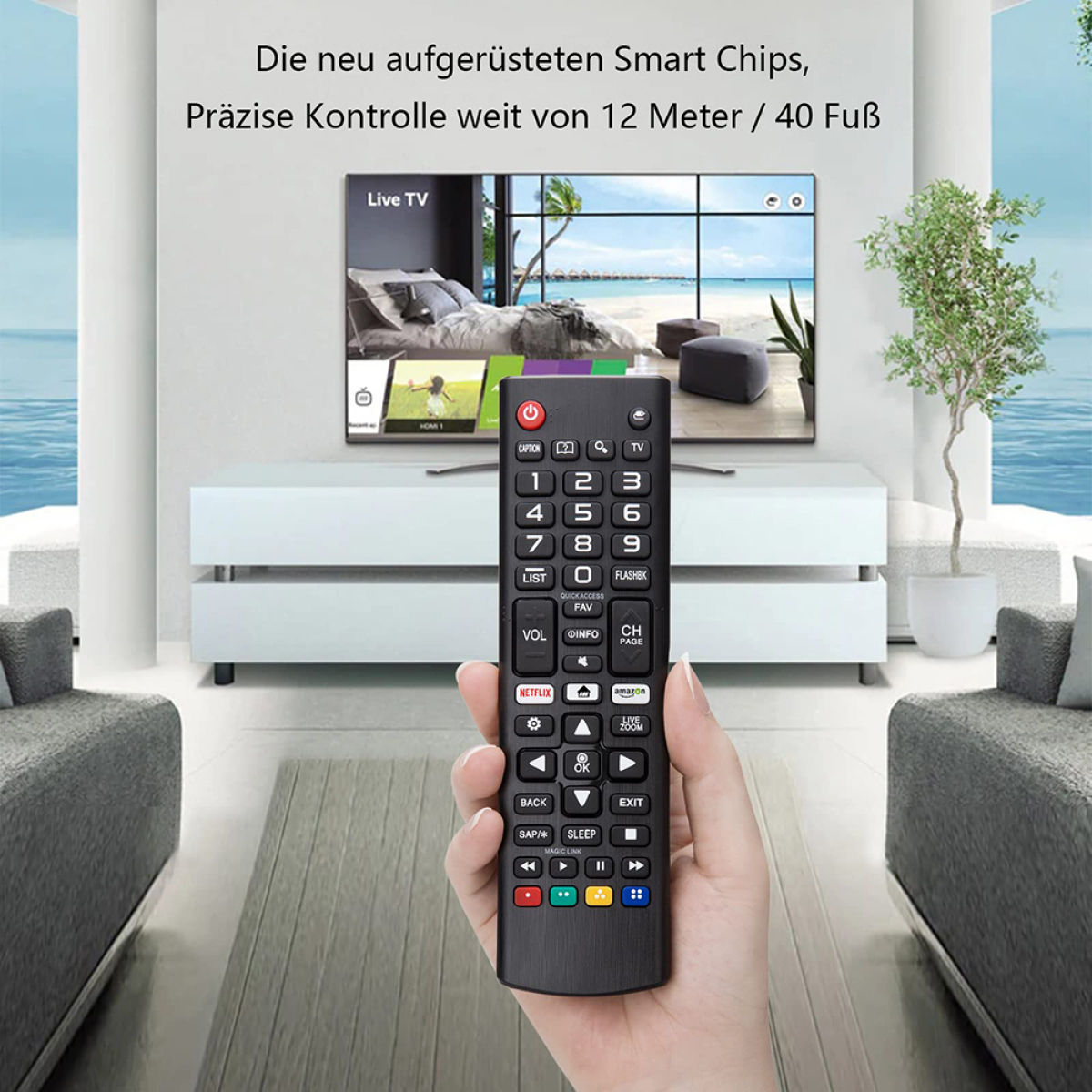 Eine Fernbedienung in einer Hand. Ein Fernsehbild zeigt ein Wohnzimmer. Text oben.