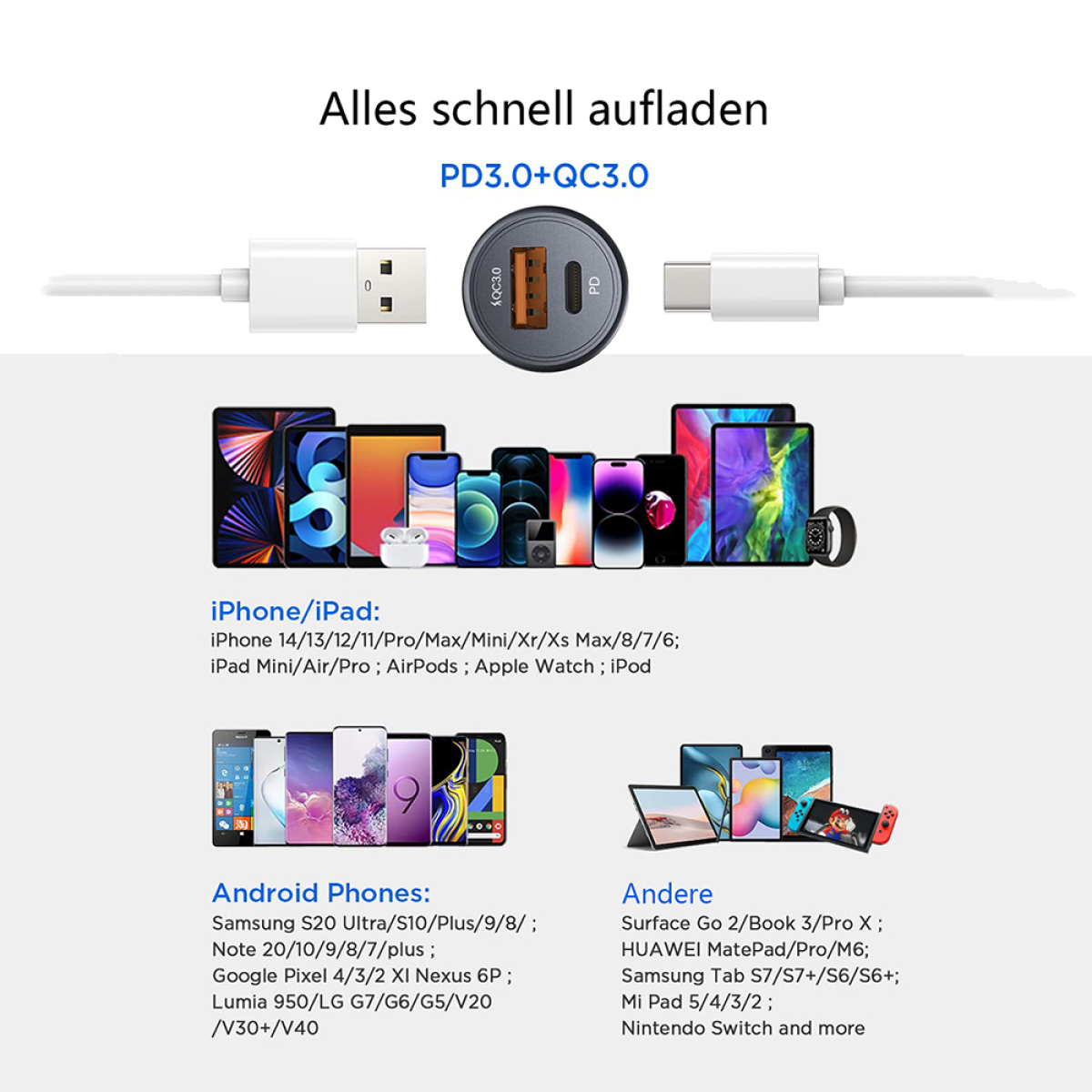 Das Bild zeigt verschiedene Telefone, Tablets und eine Smartwatch mit Ladeanschluss.