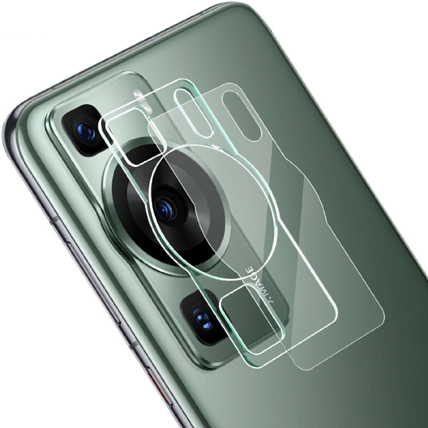 Telefon mit Schutzglas und Kameralinsenschutz, mit grün getöntem Rücken.