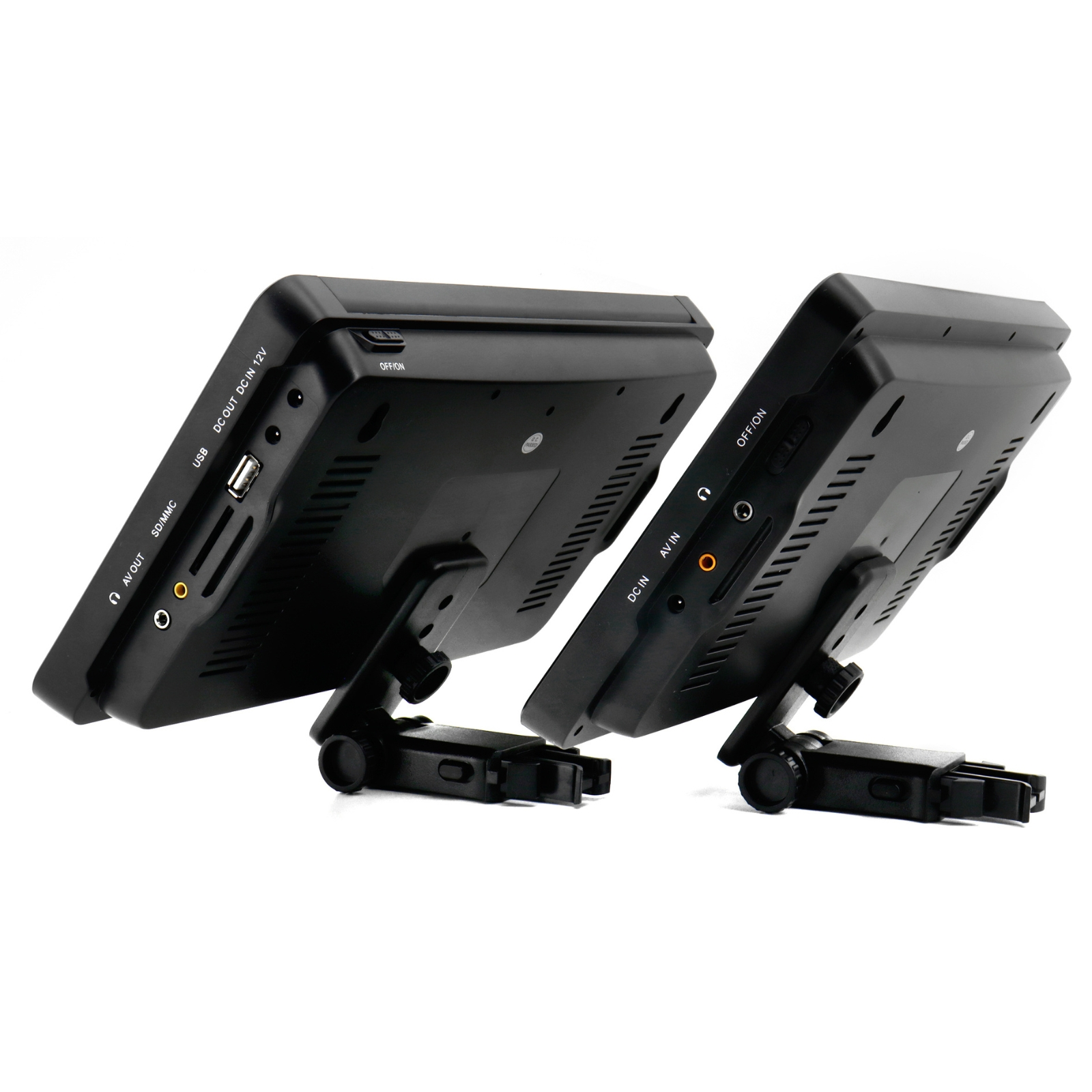 Dwa czarne monitory ze stojakami, lekko pochylone.