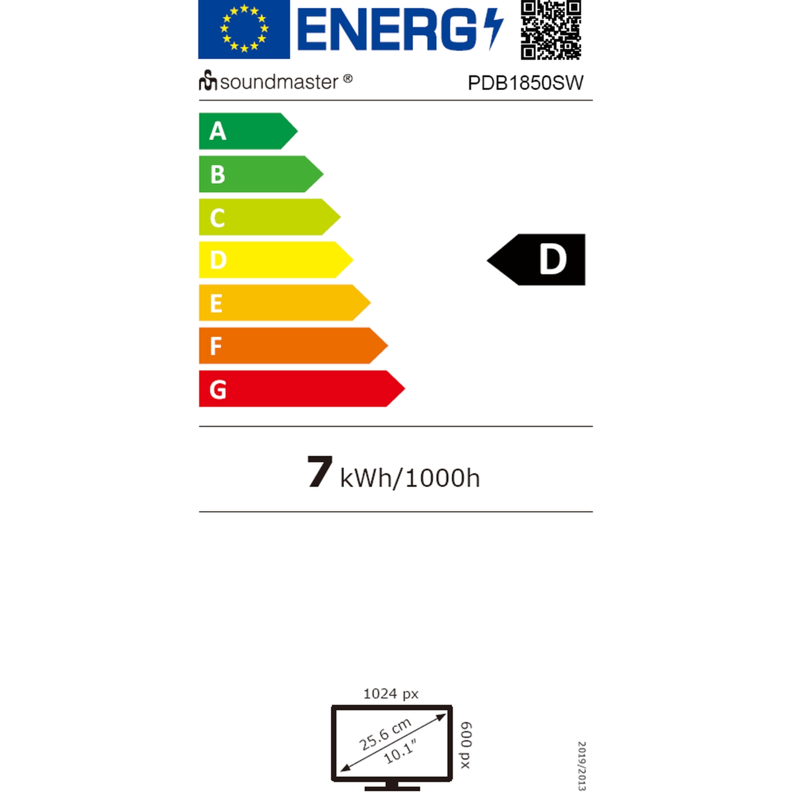 Etykieta efektywności energetycznej dla telewizora soundmaster, ocena D, z zużyciem 7 kWh/1000h.