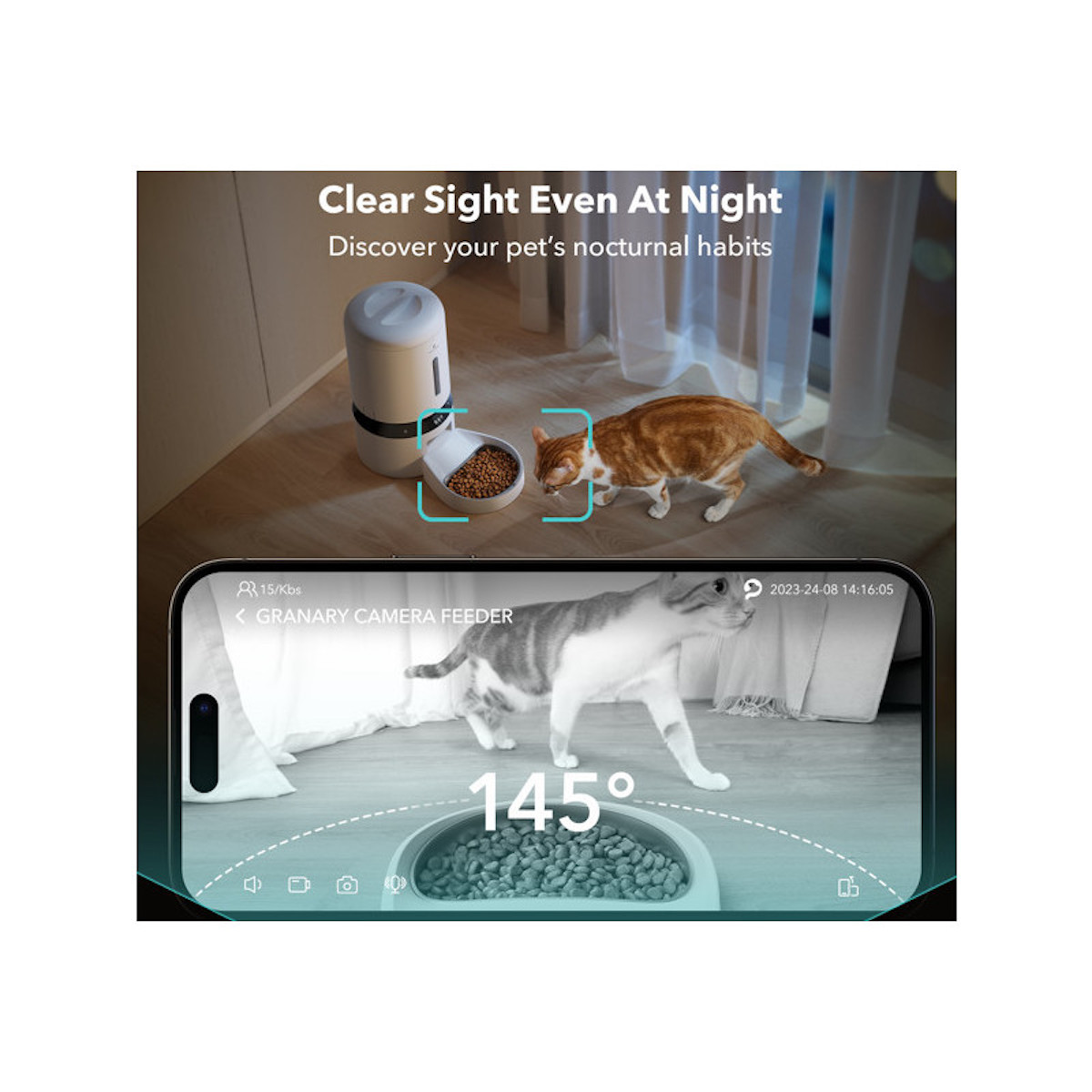 Pantalla de teléfono inteligente que muestra a un gato comiendo de un cuenco, con un comedero en el fondo.