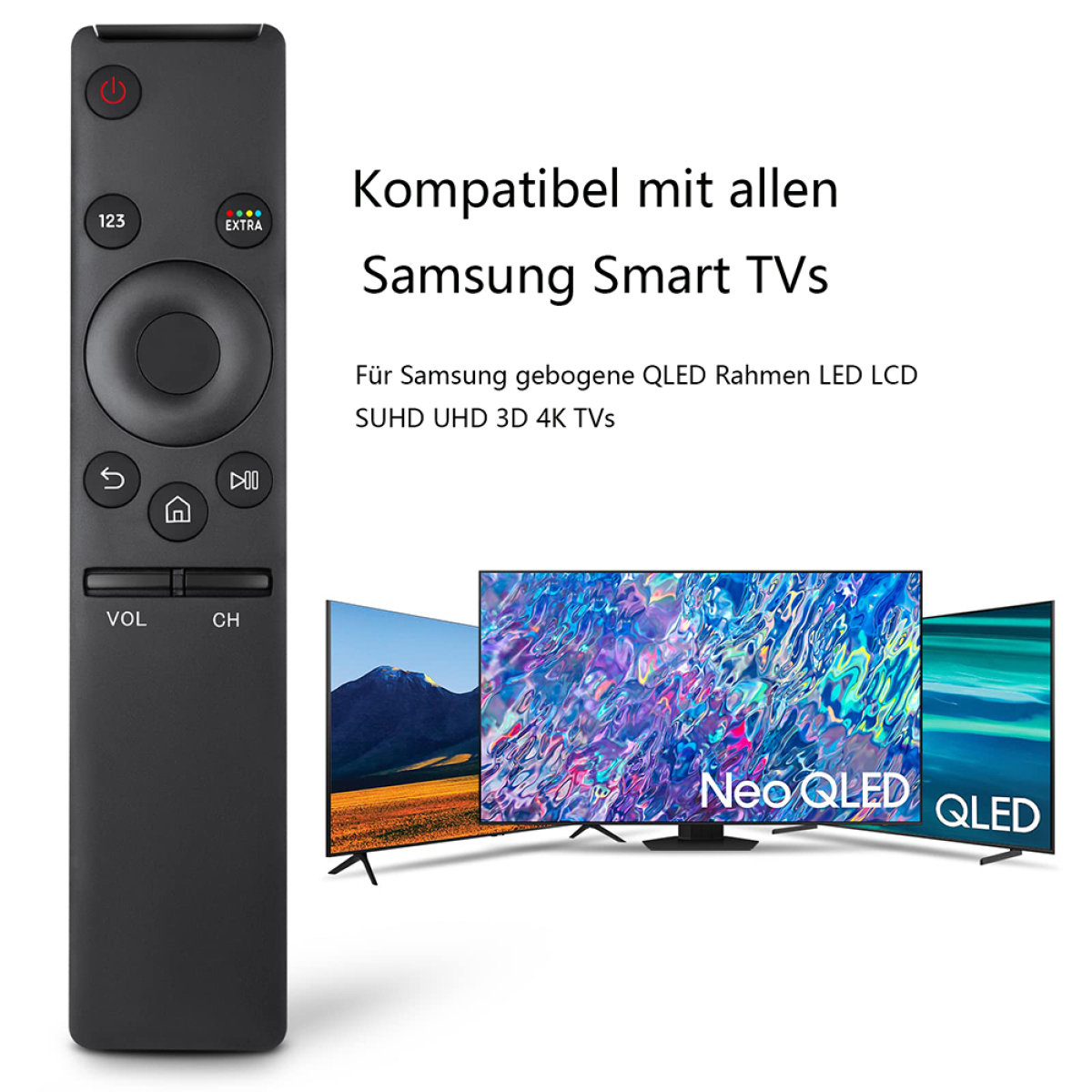 Eine schwarze Fernbedienung mit mehreren Tasten und einem Bildschirm und drei Fernsehern im Hintergrund.