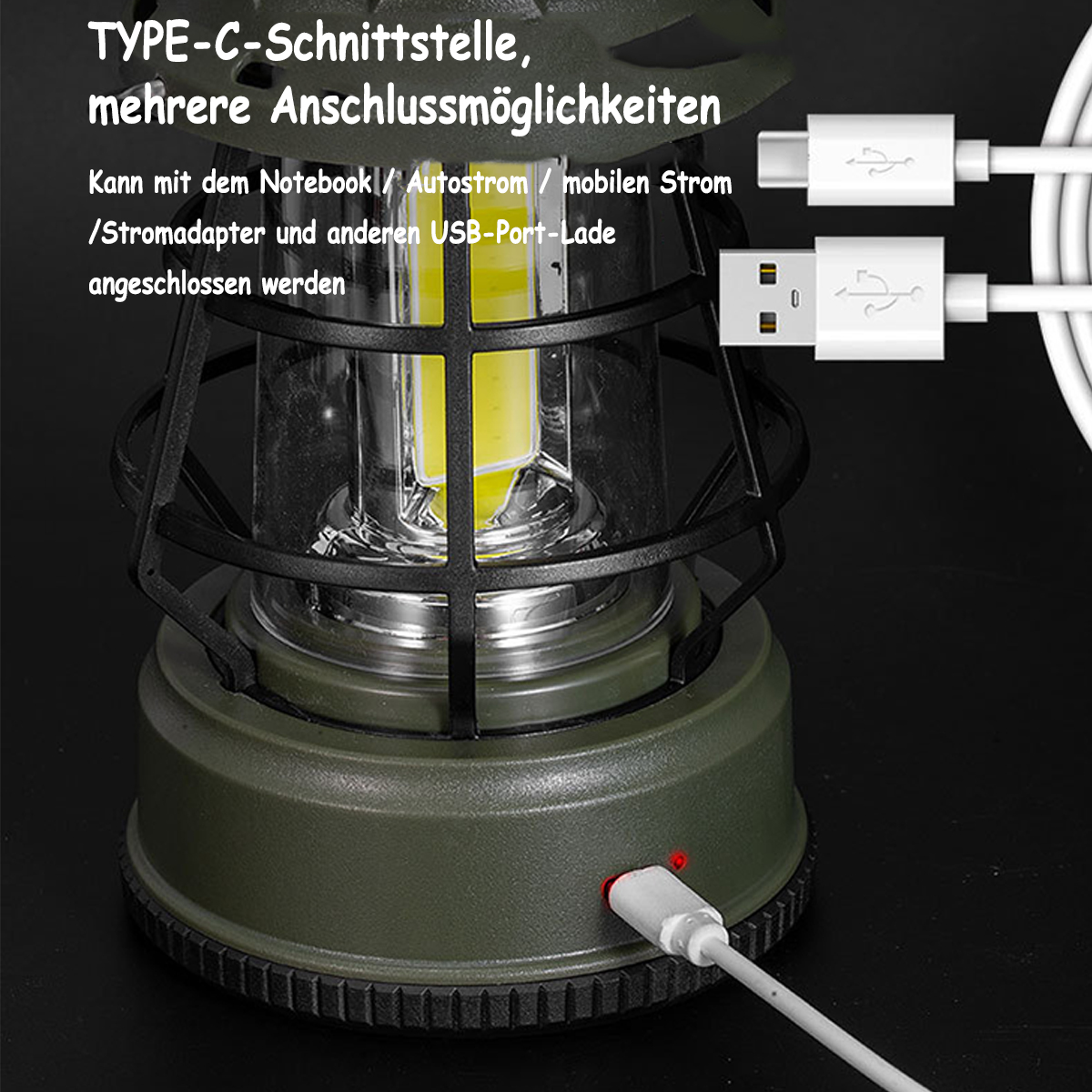 Eine schwarze Laterne mit Ladekabeln. Zwei Kabel sind angeschlossen. Text oben.