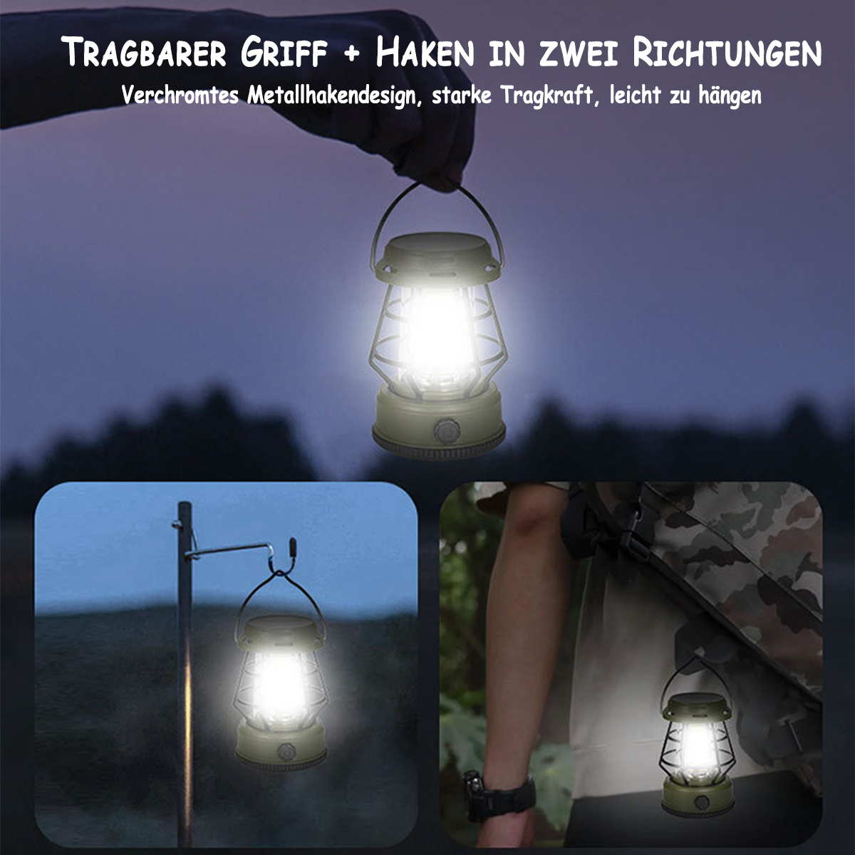 Eine leuchtende Laterne in mehreren Szenen. Verfügt über einen Griff und einen Haken.