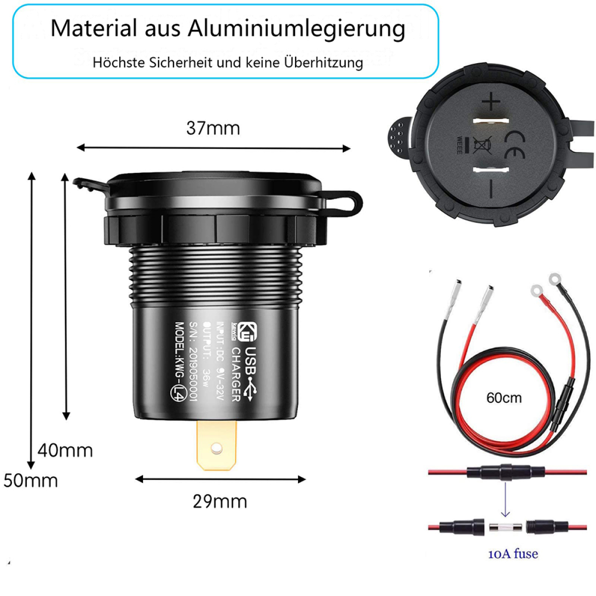 Kfz-Ladegerät mit Abmessungen und Text. Aus Aluminiumlegierung. Inklusive Sicherung und Verdrahtungsschema.