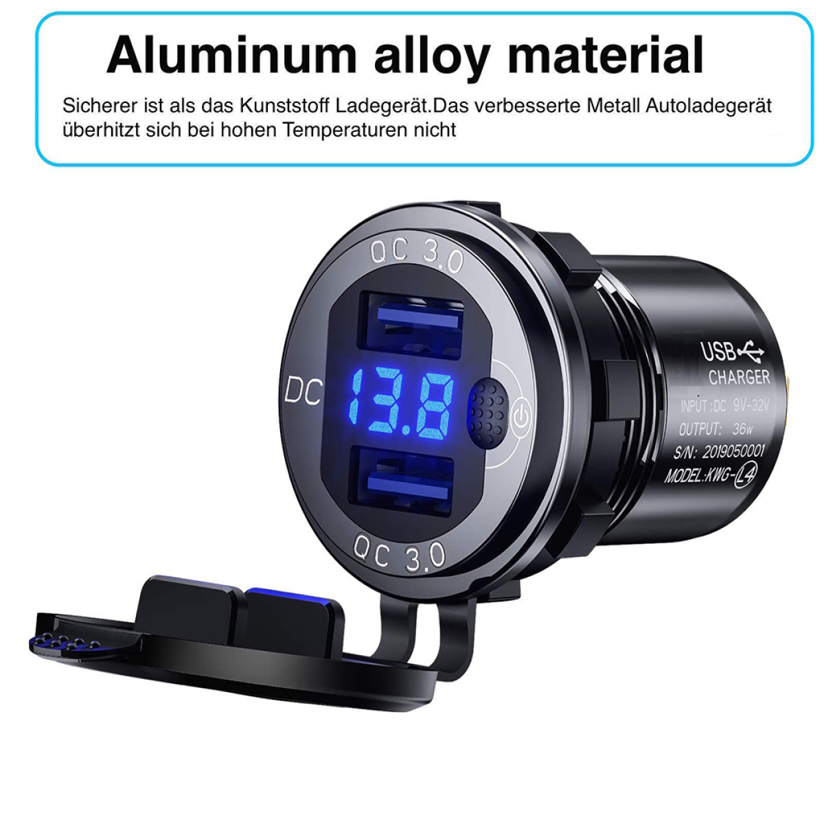 Schwarzes und silbernes Autoladegerät mit zwei USB-Anschlüssen und Digitalanzeige mit 13,8 Volt.