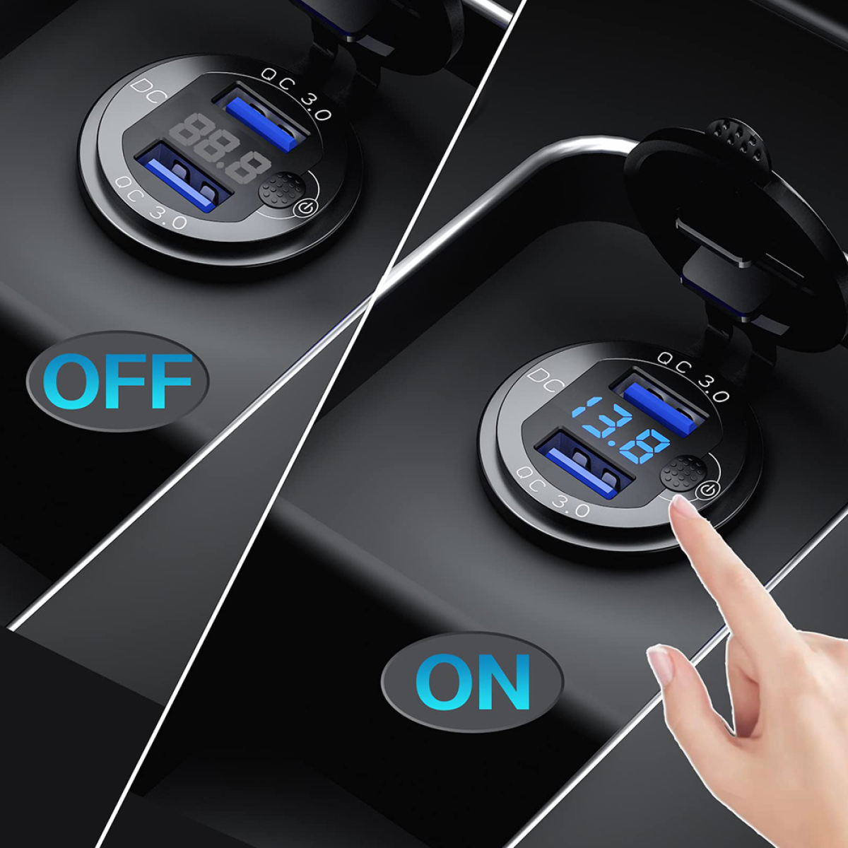 Armaturenbrett eines Autos mit USB-Ladegerät, mit OFF- und ON-Anzeige.