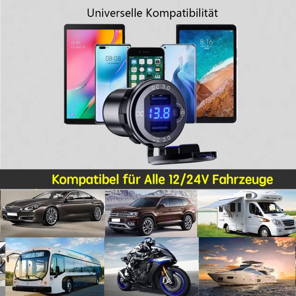 Ein schwarzes USB-Ladegerät mit mehreren Geräten und Fahrzeugen darunter.