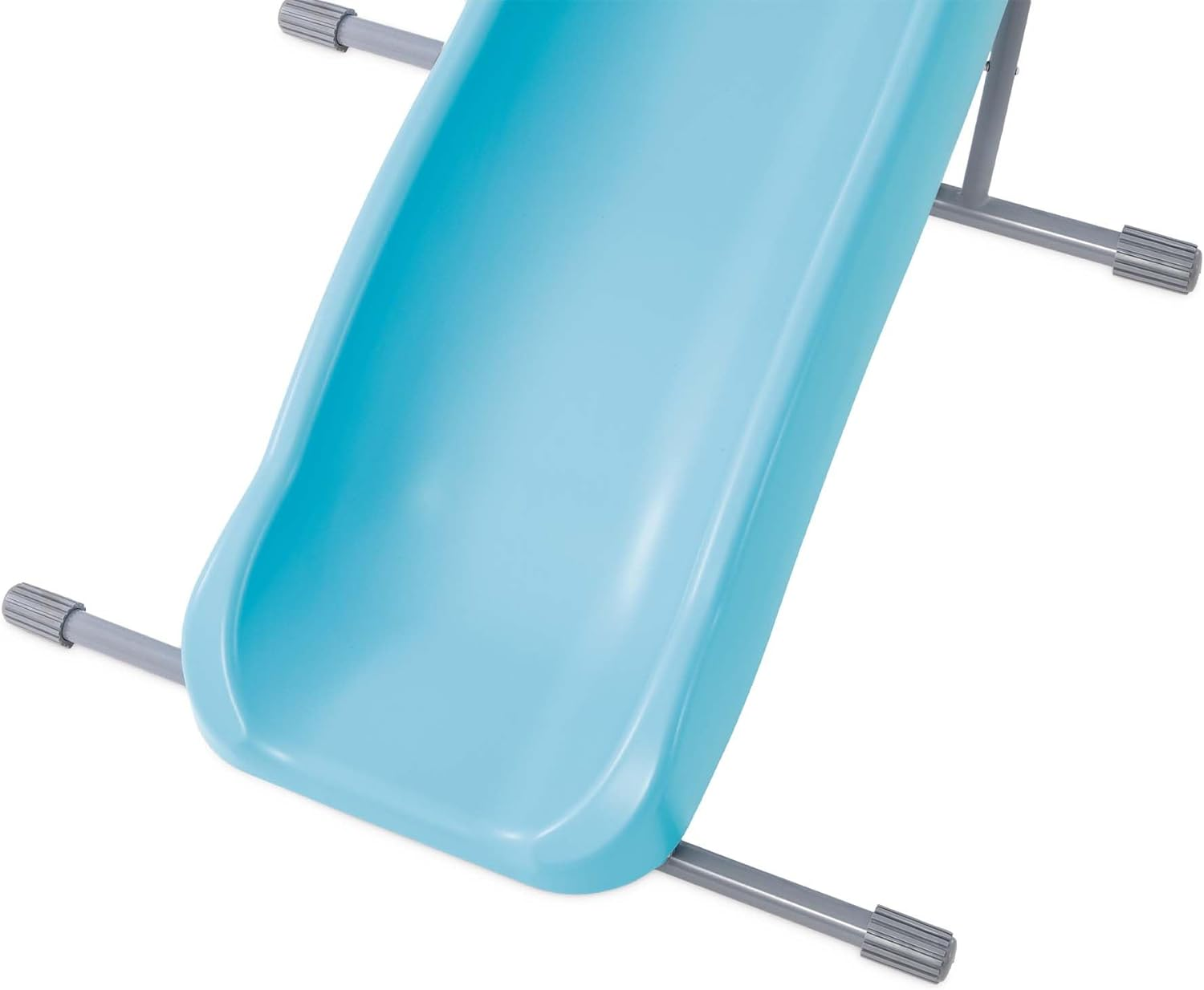 Blaue Rutsche mit grauem Rahmen. Der Rahmen hat Füße für Stabilität, perfekt für Kinder.