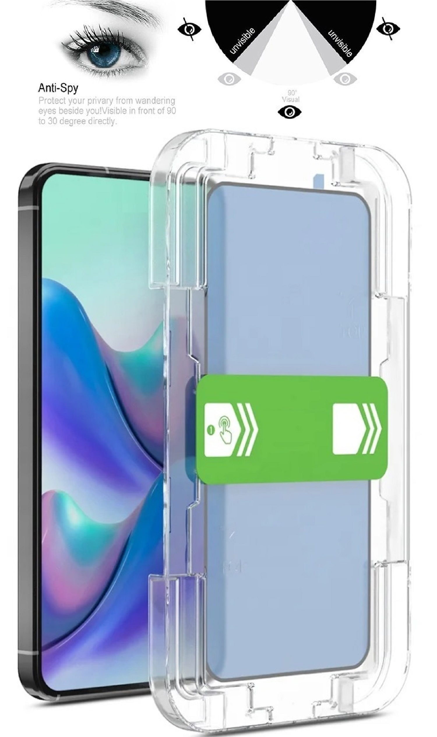 Ein Telefon mit Displayschutzfolie und ein Diagramm zur Verwendung.