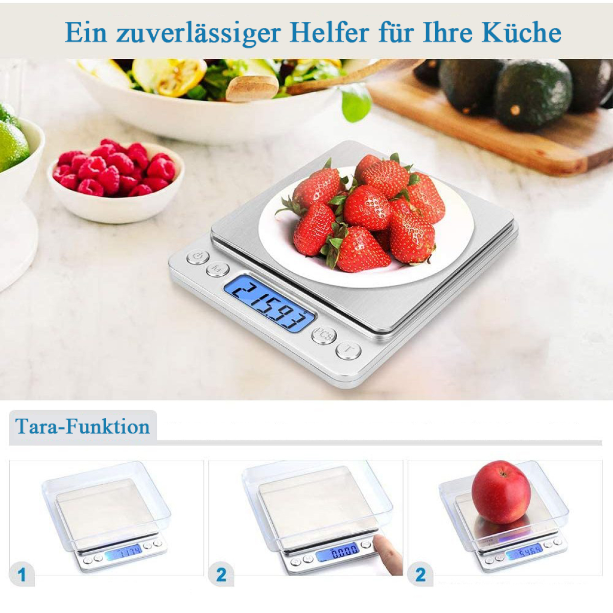Digitale Küchenwaage mit Erdbeeren. Zusätzliche Bilder zeigen leere und apfelgefüllte Waage.