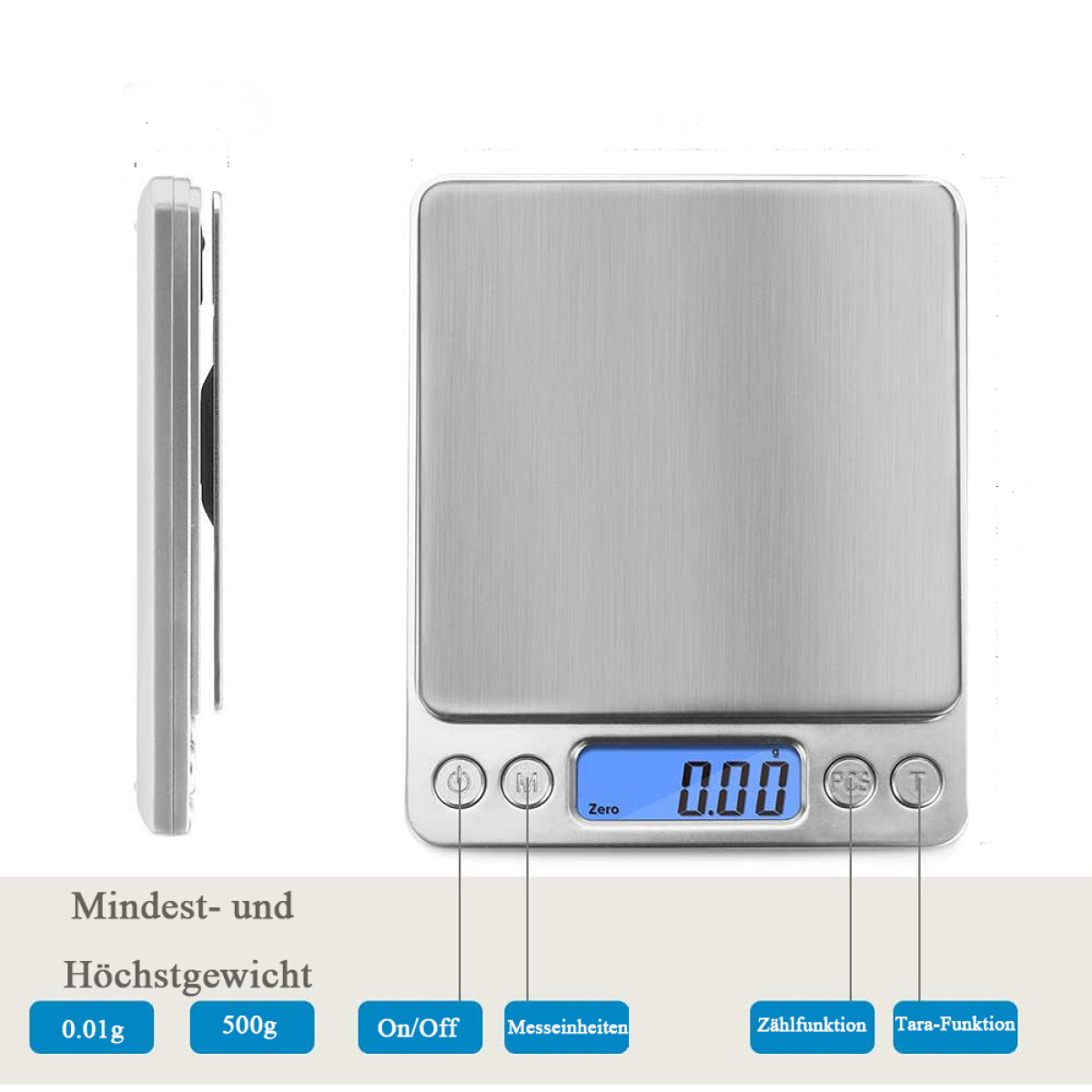 Silberne Digitalwaage mit Anzeige 0,00. Knöpfe: Ein/Aus, Einheit, Null und Funktion. Text: 0,01 g, 500 g.