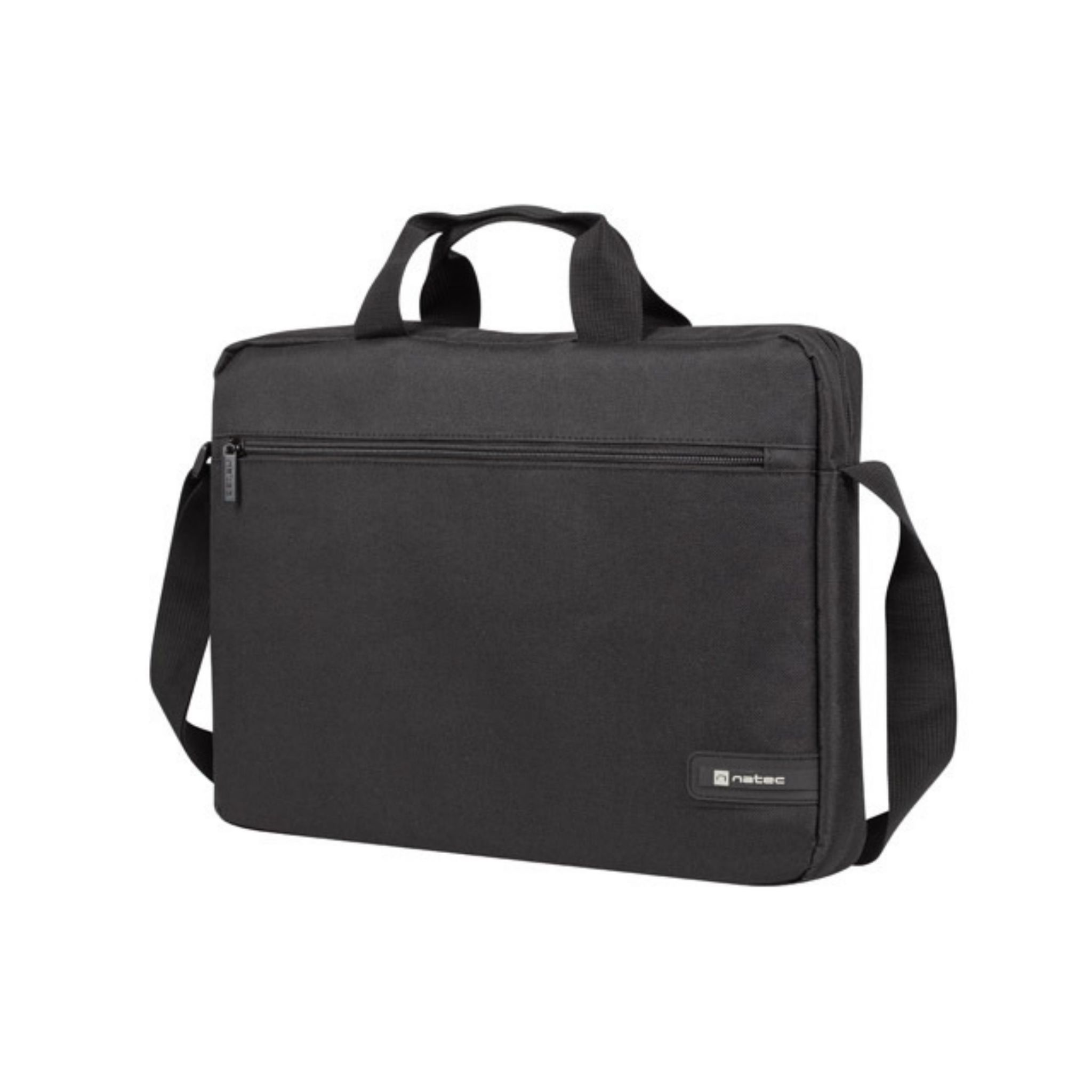 Borsa per laptop nera con manico e tracolla, con un piccolo logo sul davanti.