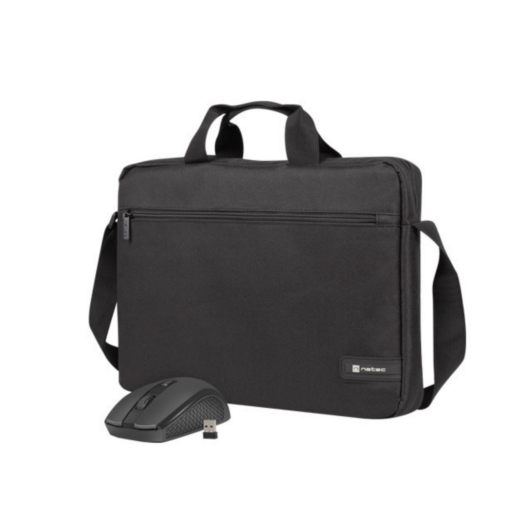 Borsa per laptop nera con mouse wireless e ricevitore USB abbinati.