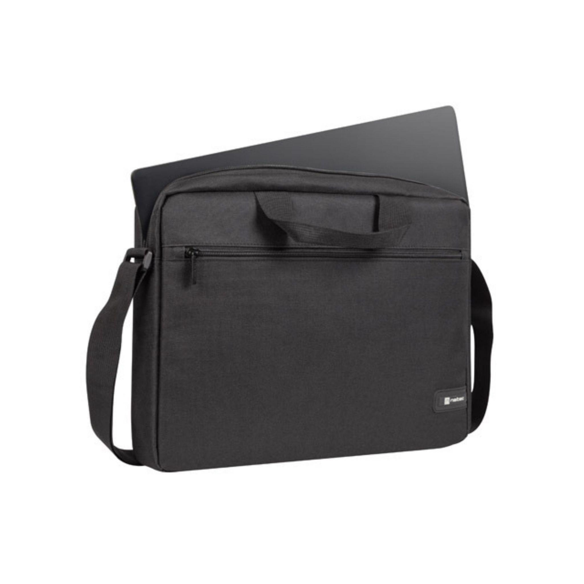 Borsa per laptop nera con un laptop all'interno. Ha una maniglia e una tracolla.