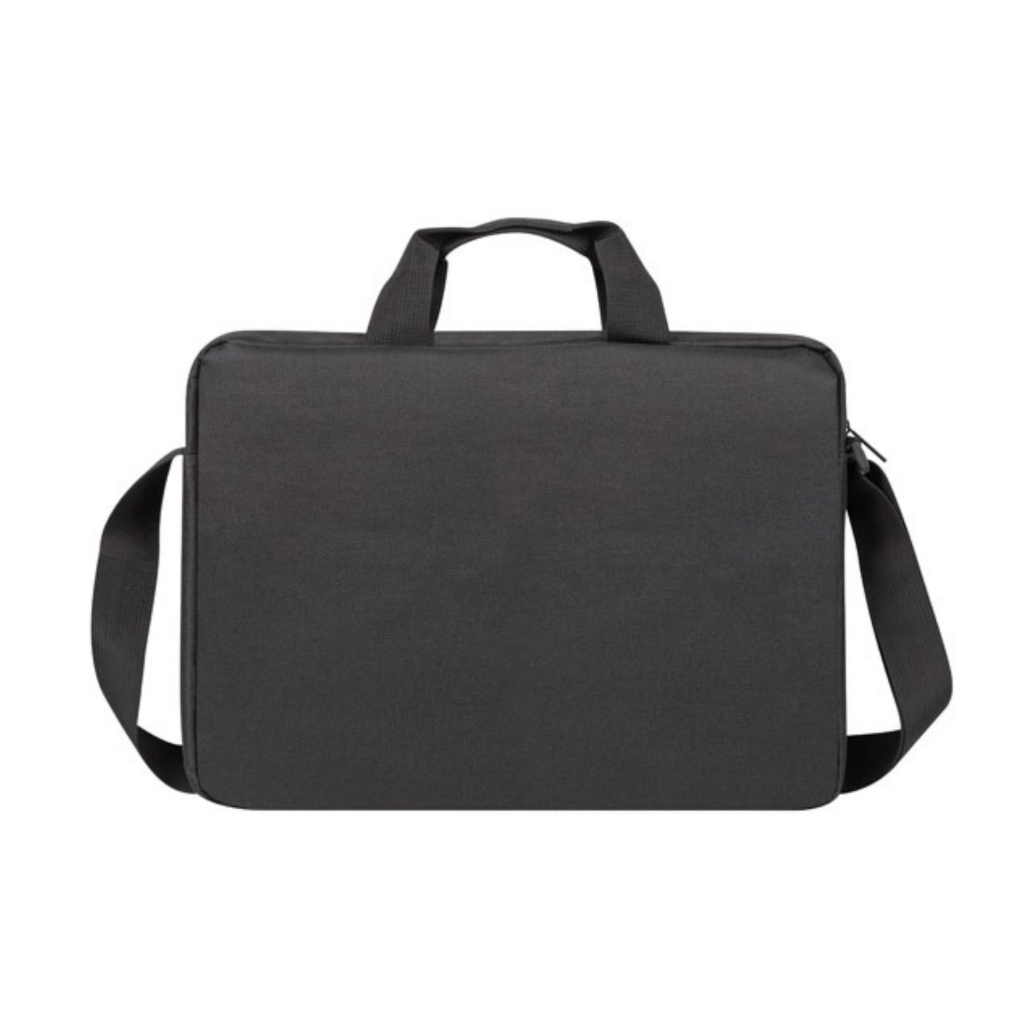 Una borsa per laptop nera con maniglia e tracolla su sfondo bianco.