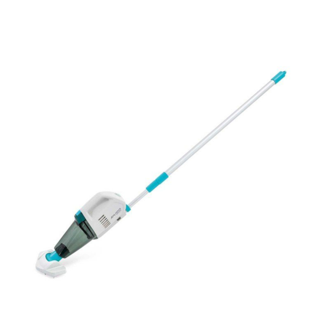 Biały i turkusowy odkurzacz do basenu z długim uchwytem.