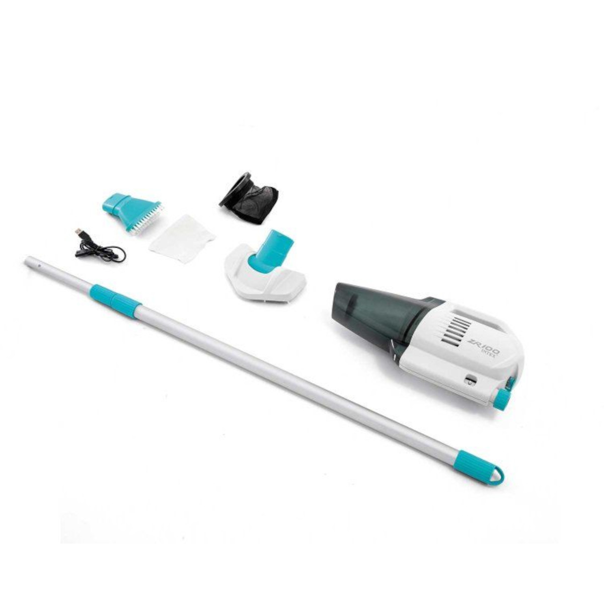 Części odkurzacza: jednostka ręczna, rura teleskopowa i różne nasadki, wszystko białe i turkusowe.
