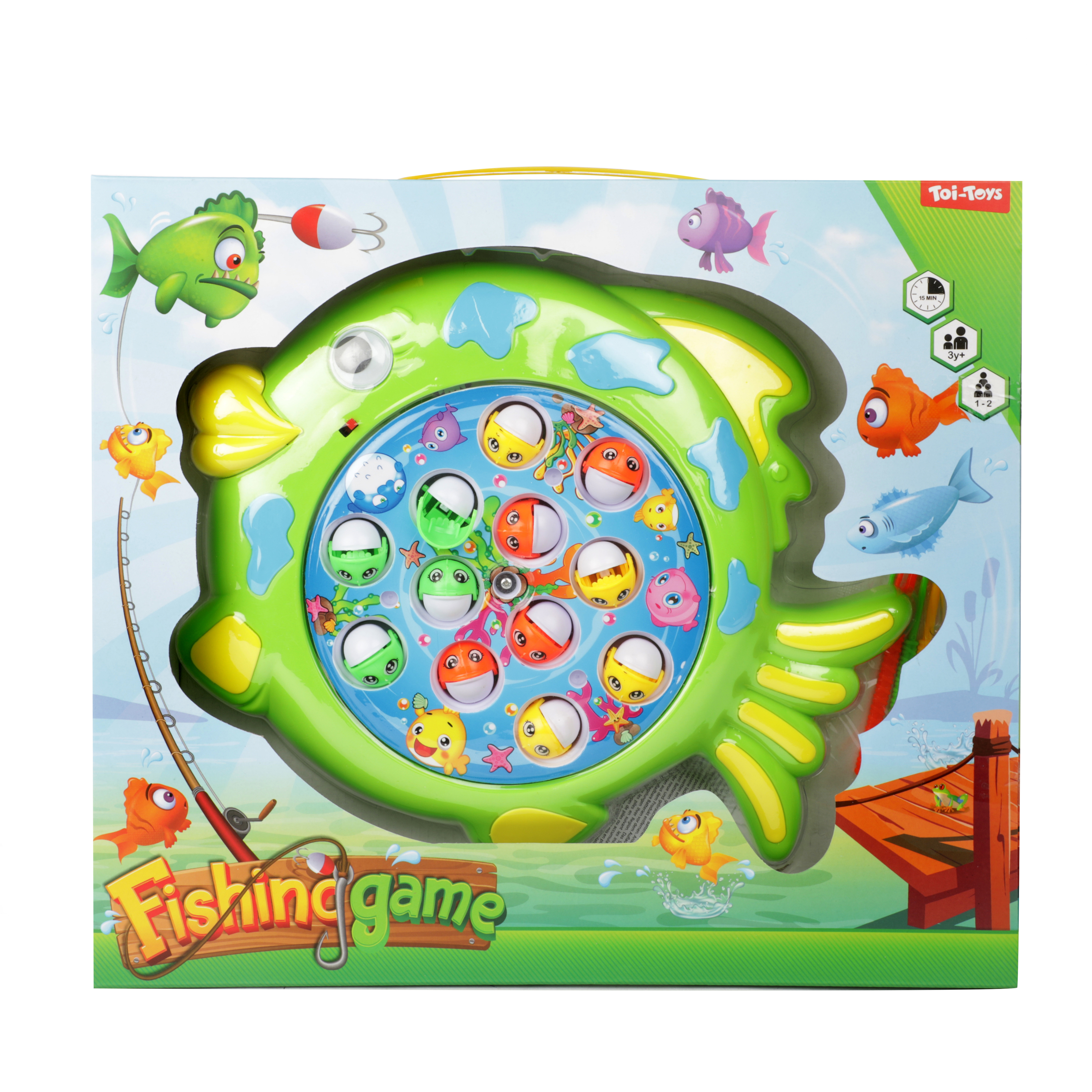 Angelspielzeug in einer Schachtel. Ein fischförmiges Spielbrett mit bunten Fischen und Angelrute.