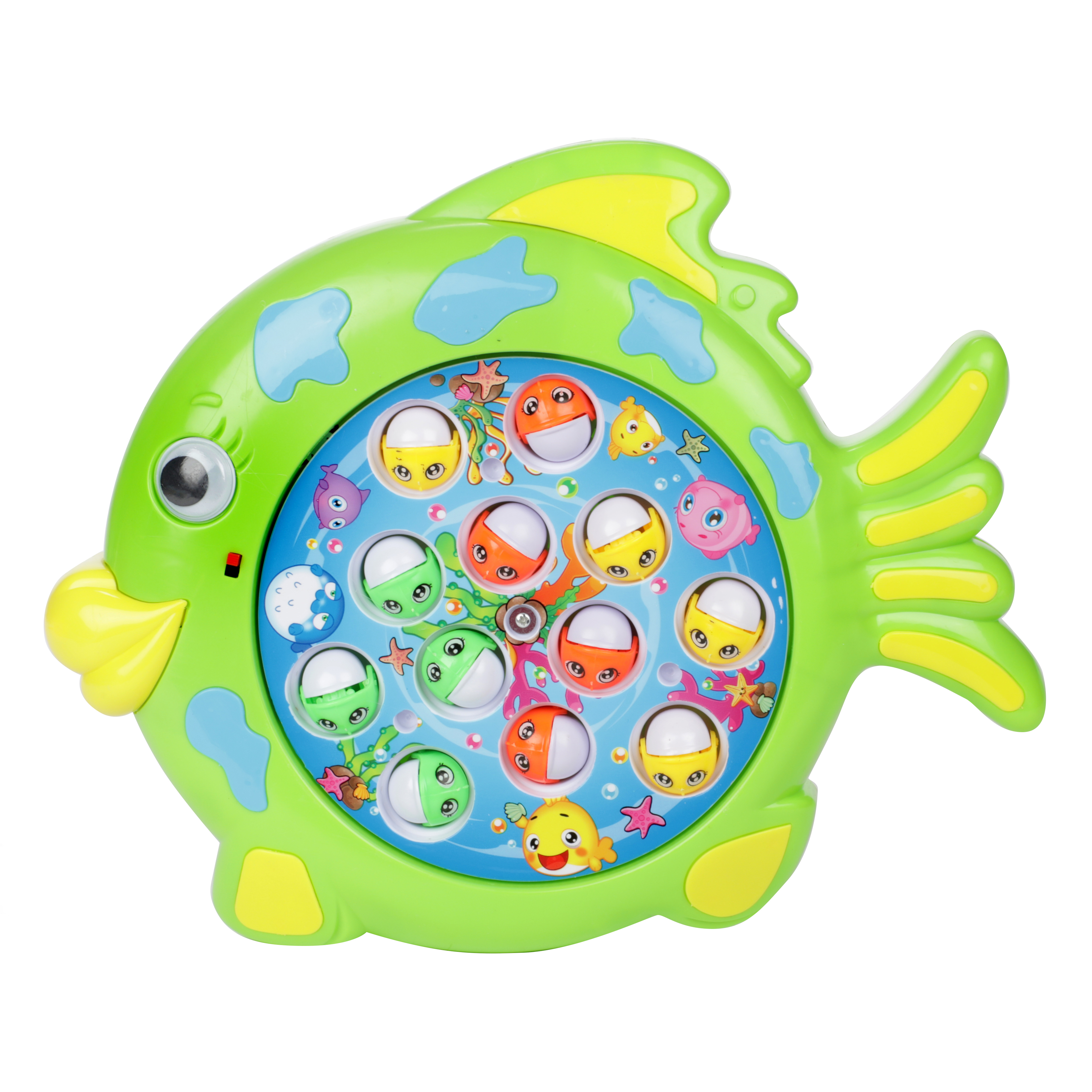 Grünes Fischspielzeug mit bunten Kreisen und Fischen darin.